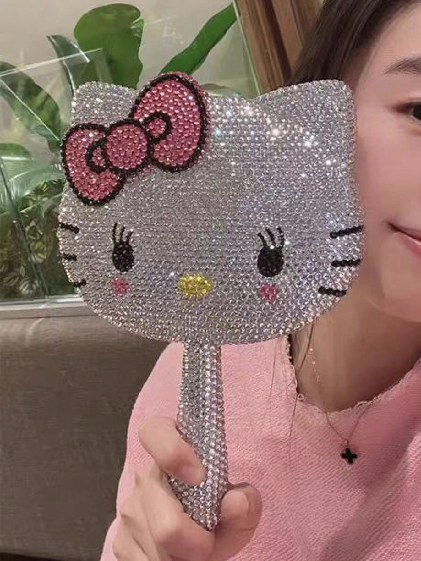 1pc Cartoon Cat Rhinestone Makeup Mirror, Girly Pink Rotating Vanity Mirror Best Gifts