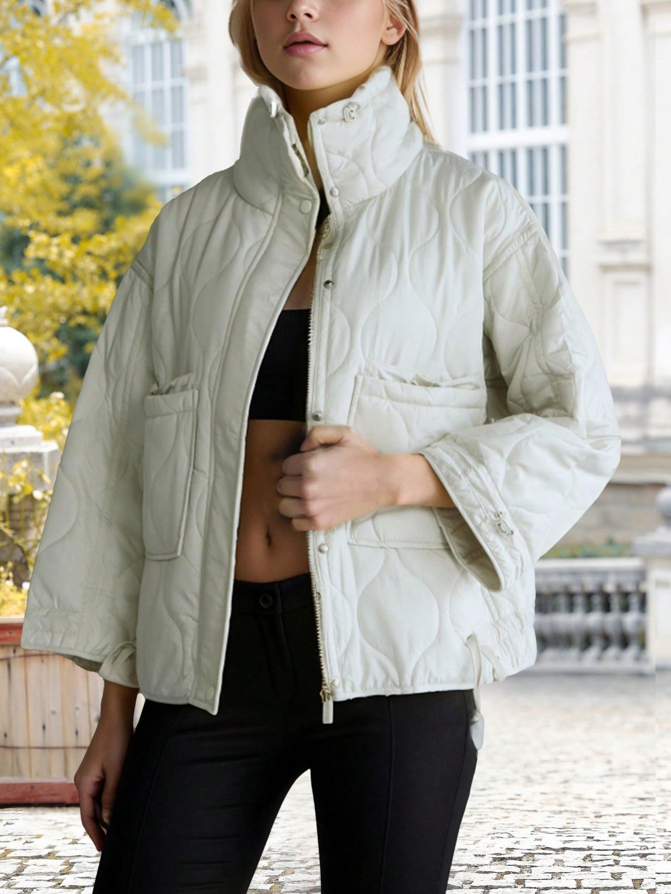 Women's Oversized Quilted Jacket Zip Up Stand Collar Lightweight Puffer Jackets Padded Winter Coat