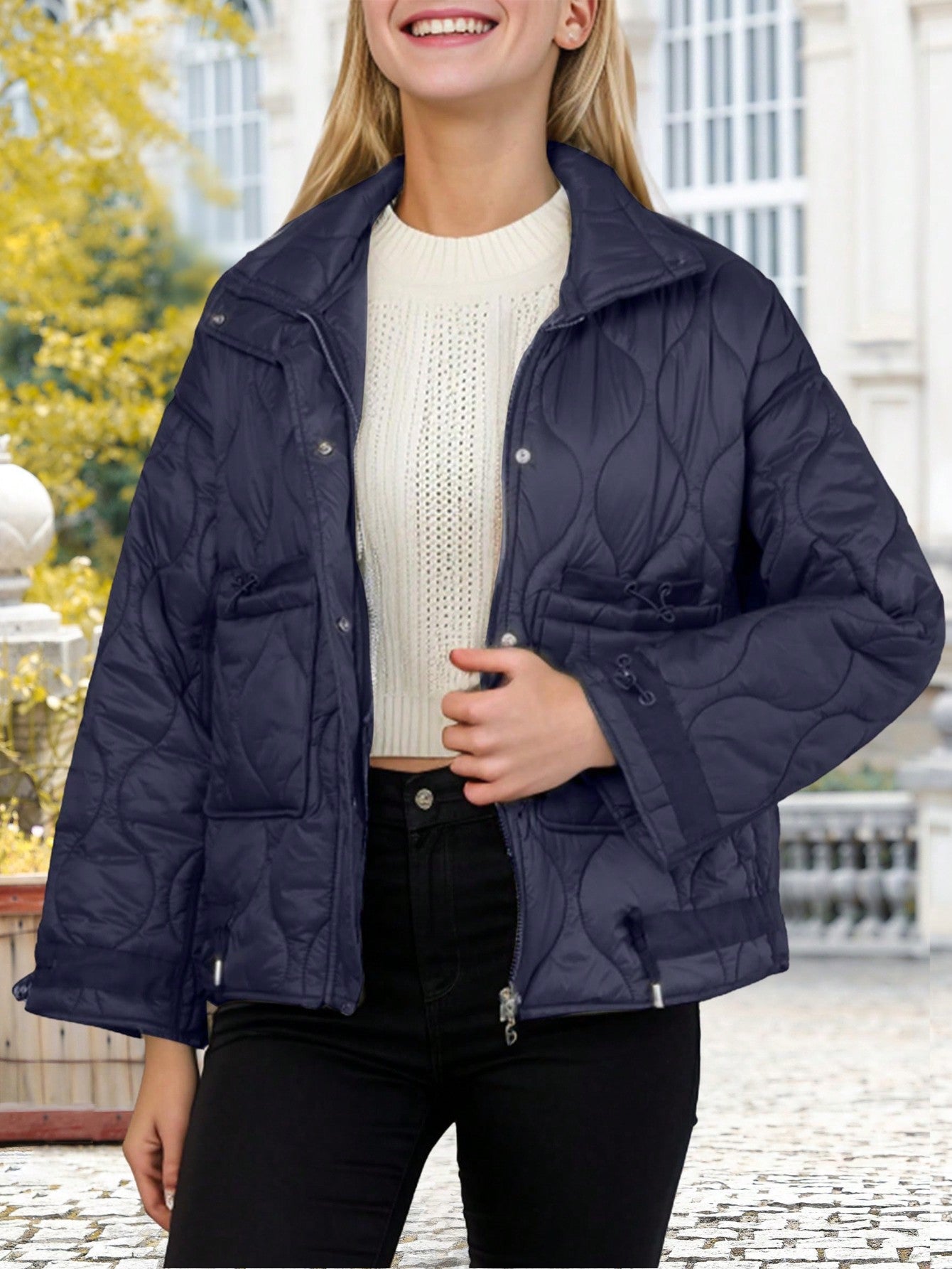 Women's Oversized Quilted Jacket Zip Up Stand Collar Lightweight Puffer Jackets Padded Winter Coat