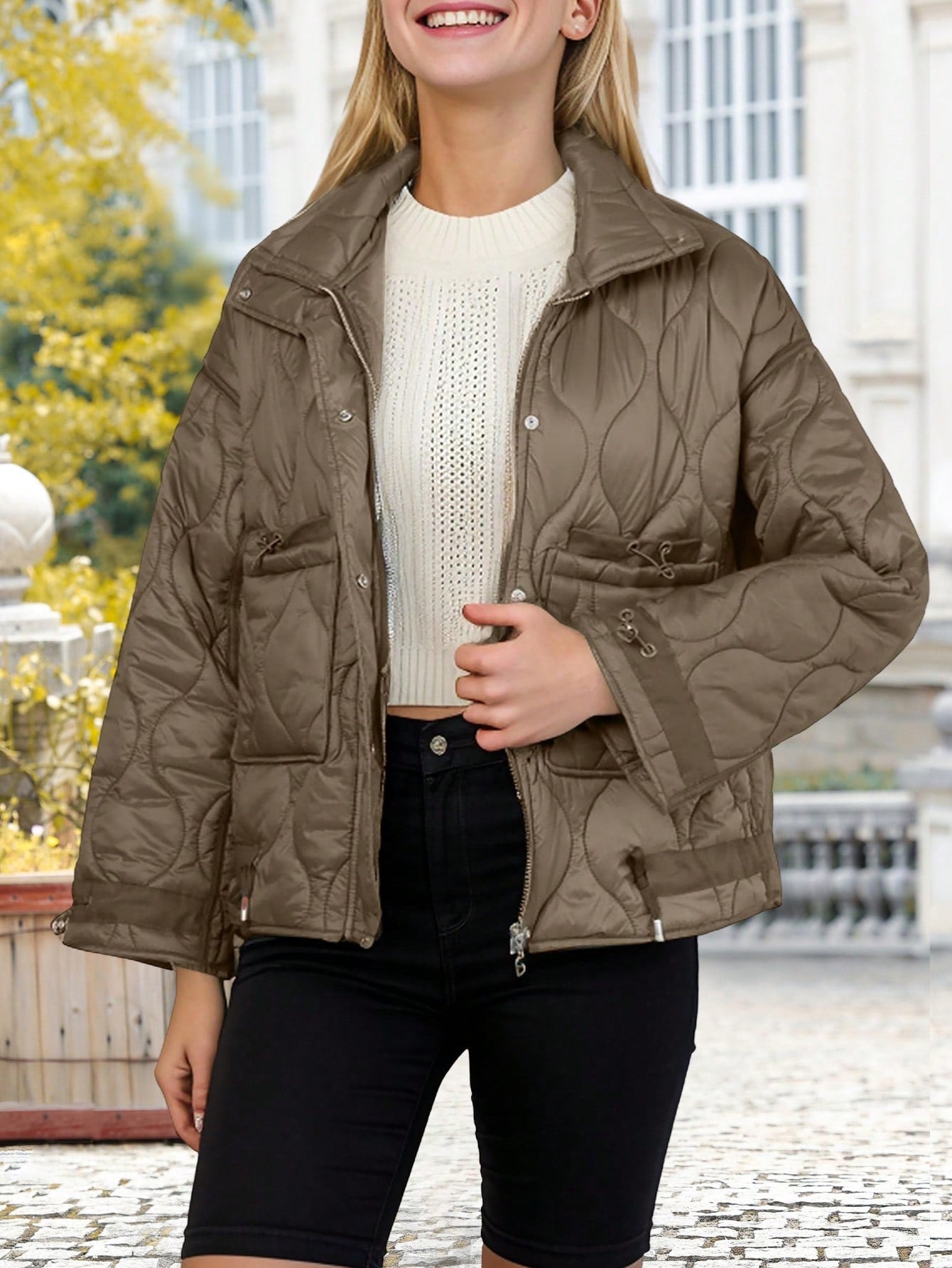 Women's Oversized Quilted Jacket Zip Up Stand Collar Lightweight Puffer Jackets Padded Winter Coat