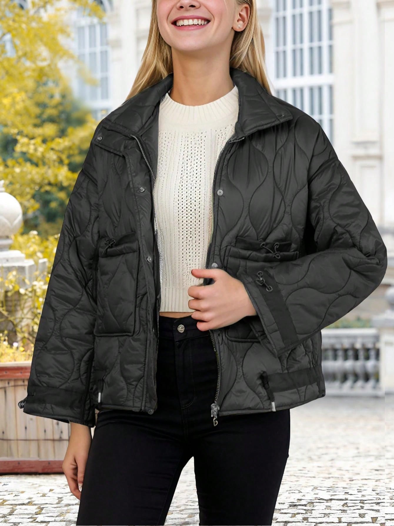 Women's Oversized Quilted Jacket Zip Up Stand Collar Lightweight Puffer Jackets Padded Winter Coat