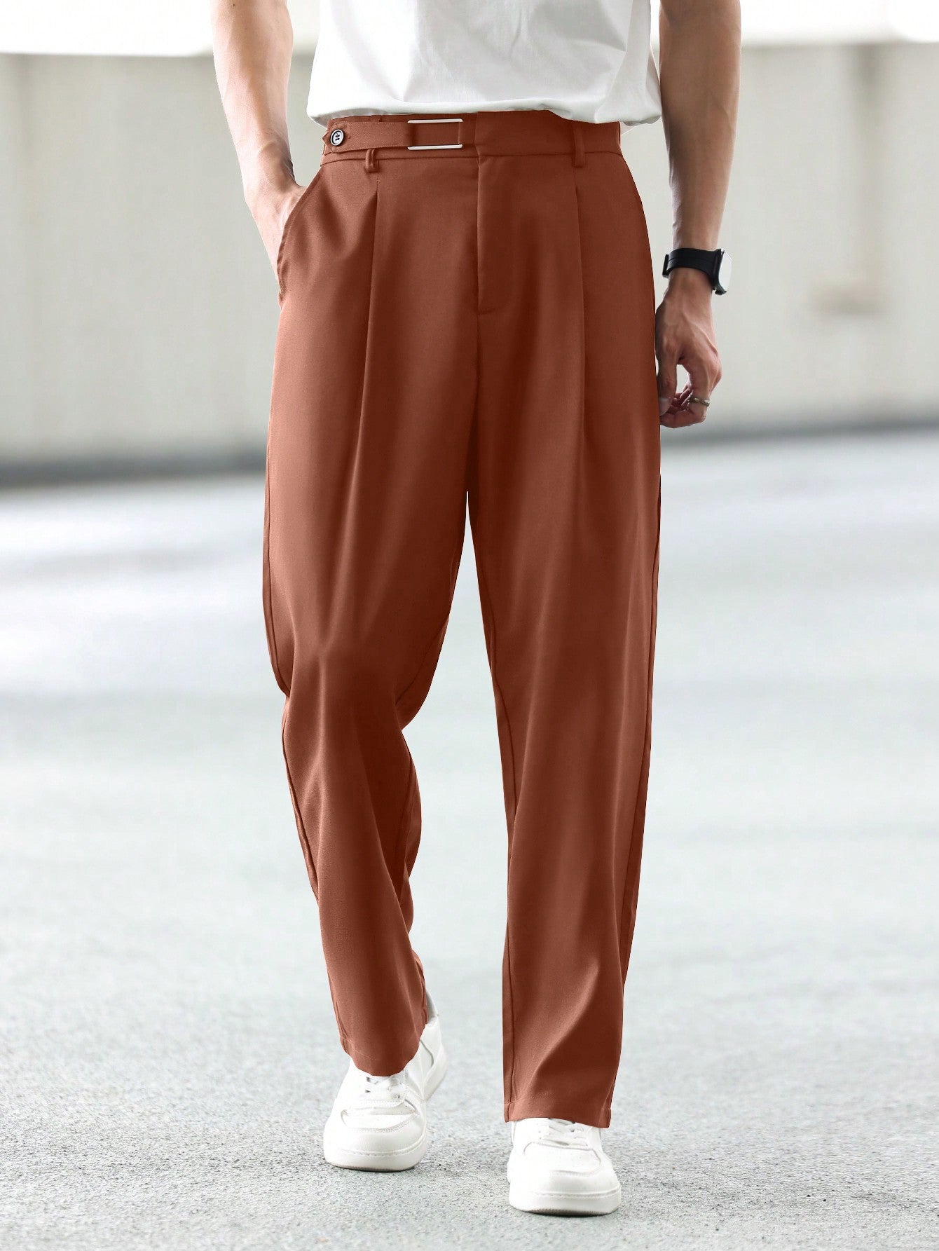 Manfinity Hypemode Classic Solid Color Button-Up Casual Straight-Leg Trousers With Pockets