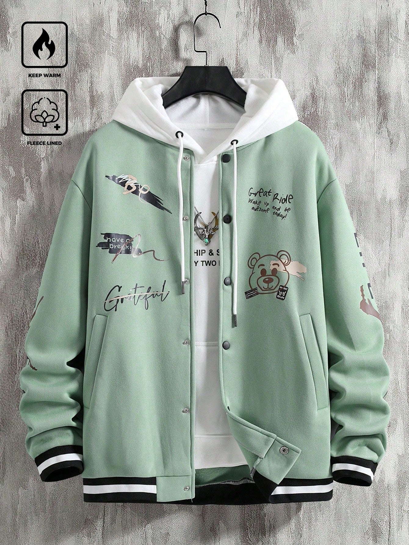 Manfinity EMRG Men's Loose Slogans Cartoon Bear Print Long Sleeve Casual Baseball Jacket, Autumn