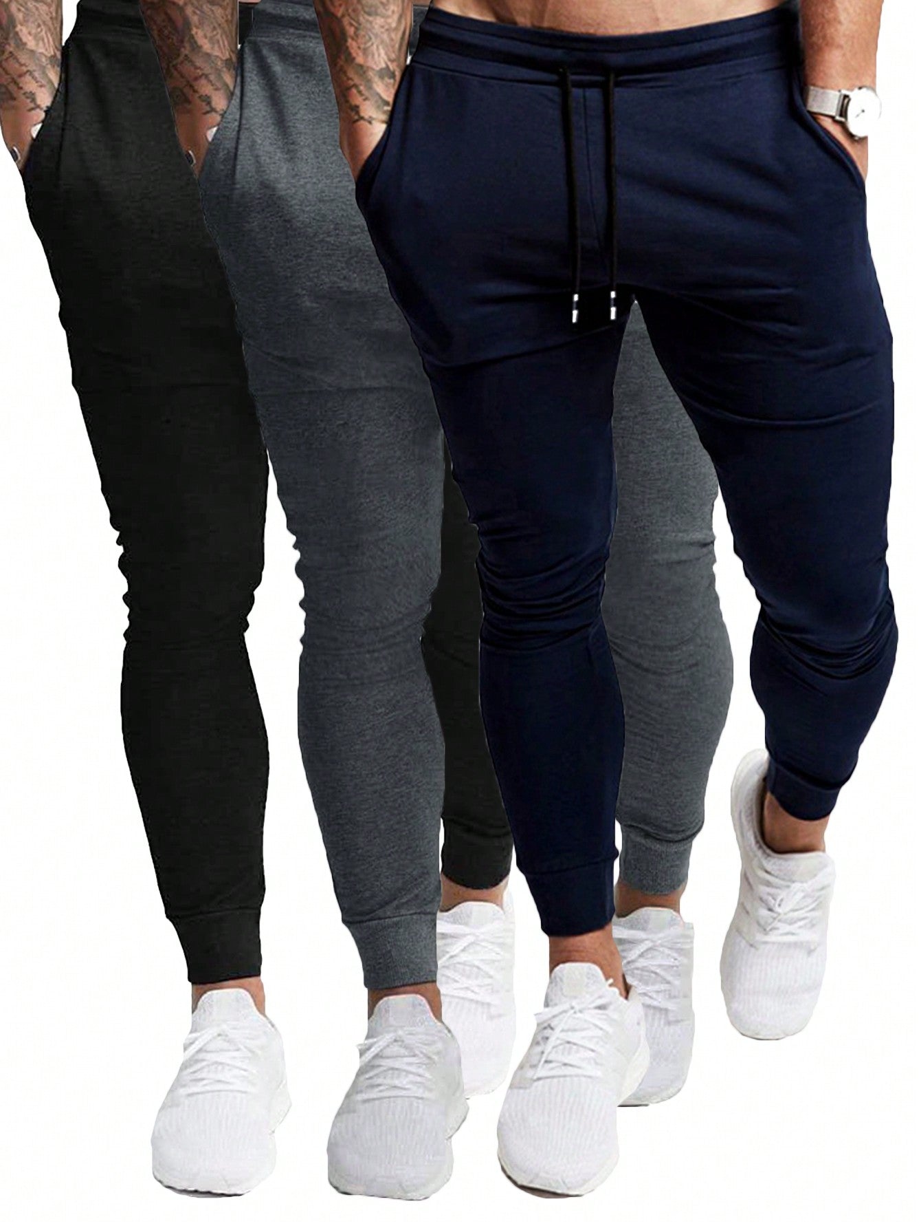 3 Pcs Men's Casual Jogger Sweatpants Slim Fit Drawstring Deep Pockets Gym Running Workout Stretch Sweatpants