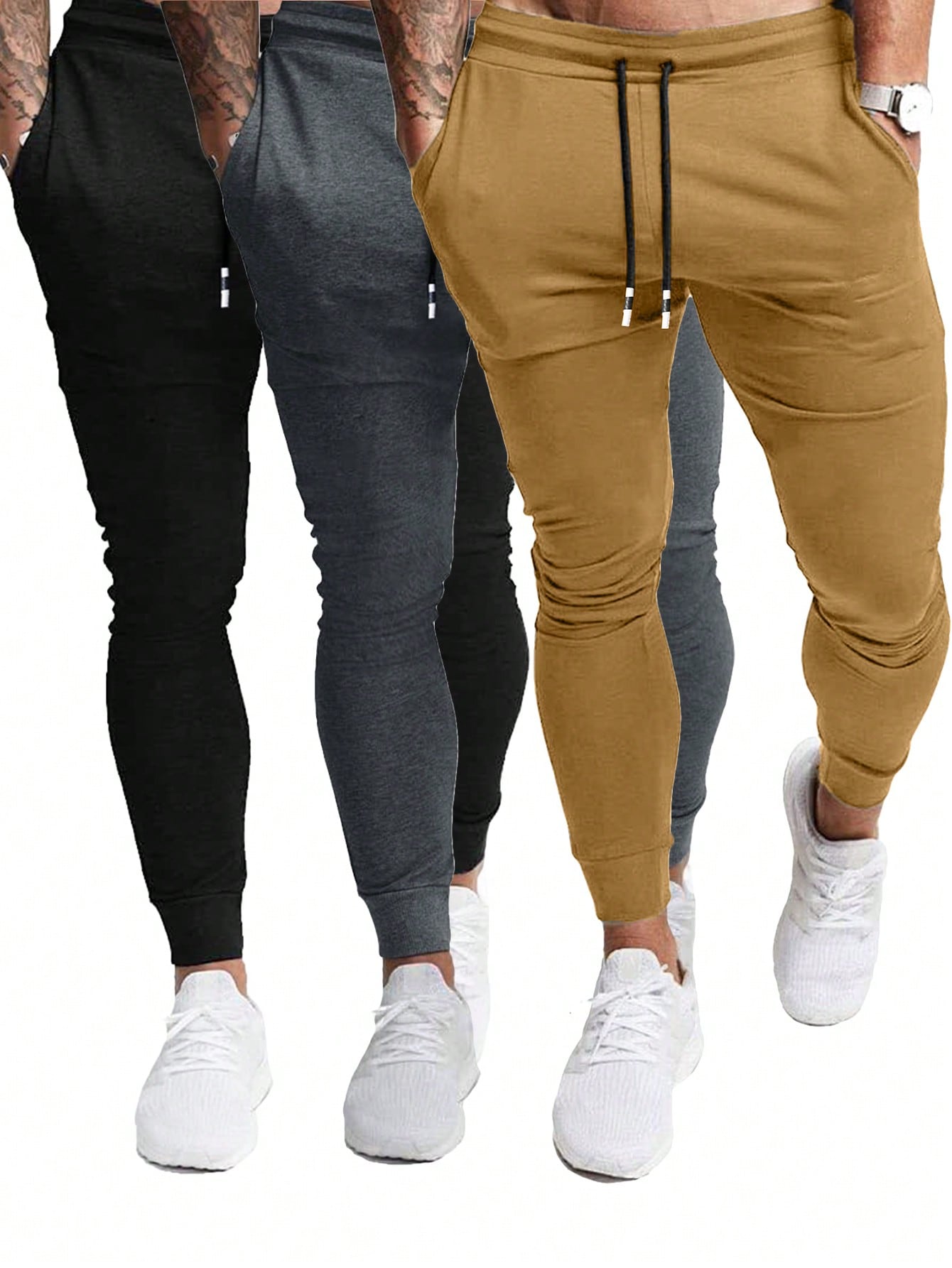 3 Pcs Men's Casual Jogger Sweatpants Slim Fit Drawstring Deep Pockets Gym Running Workout Stretch Sweatpants