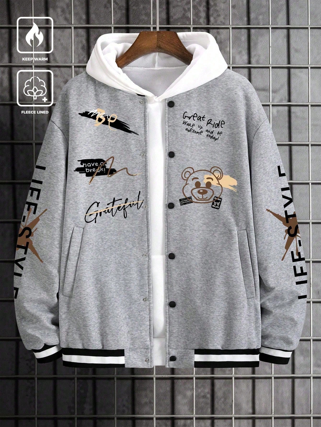 Manfinity EMRG Men's Loose Slogans Cartoon Bear Print Long Sleeve Casual Baseball Jacket, Autumn