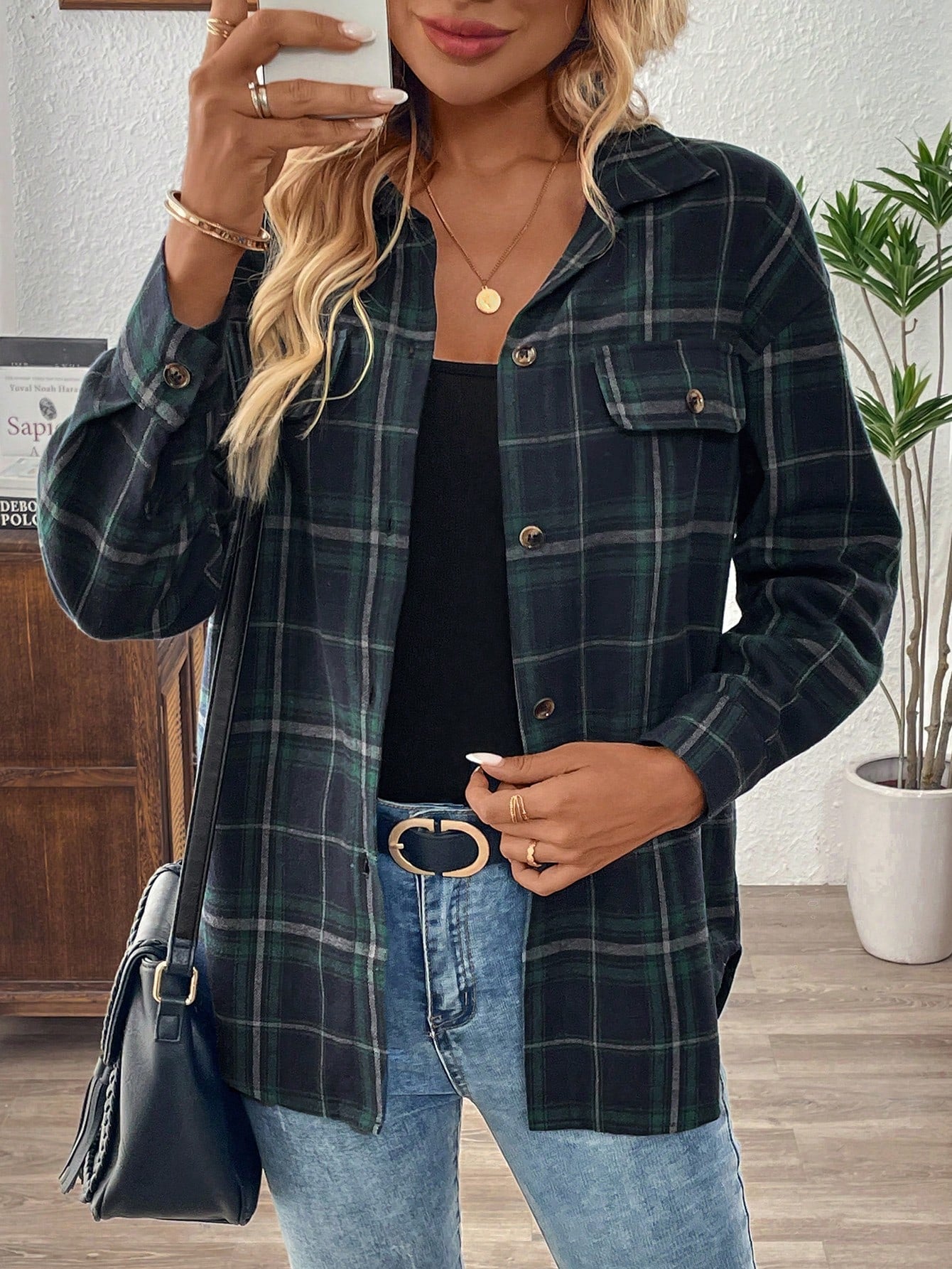 EMERY ROSE Women Casual Regular Jacket, Plaid Minimalist Fashion, Everyday Wear Long Sleeve Shirt Blusas De Mujer Blusas Casuales Plaid