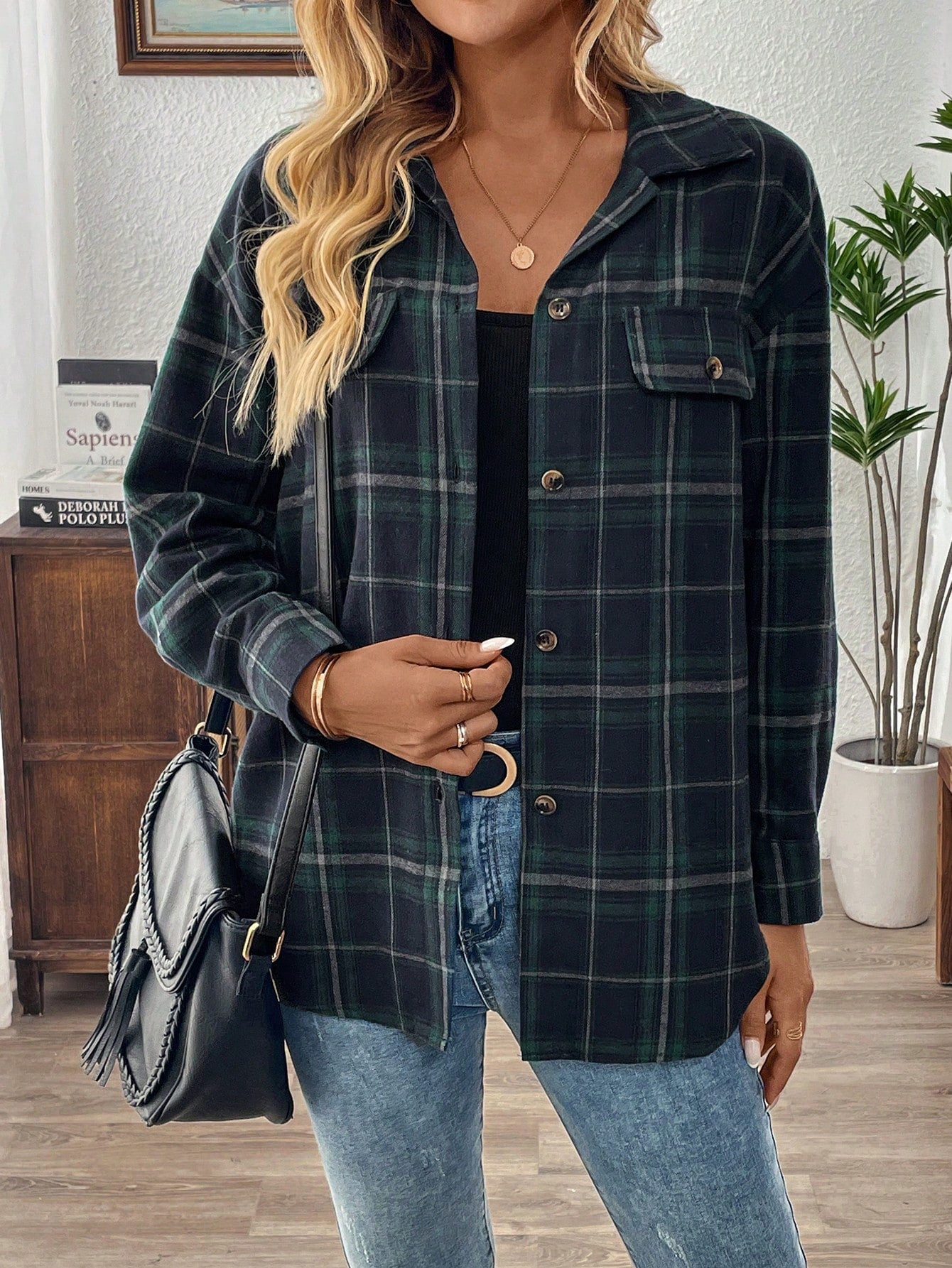 EMERY ROSE Women Casual Regular Jacket, Plaid Minimalist Fashion, Everyday Wear Long Sleeve Shirt Blusas De Mujer Blusas Casuales Plaid