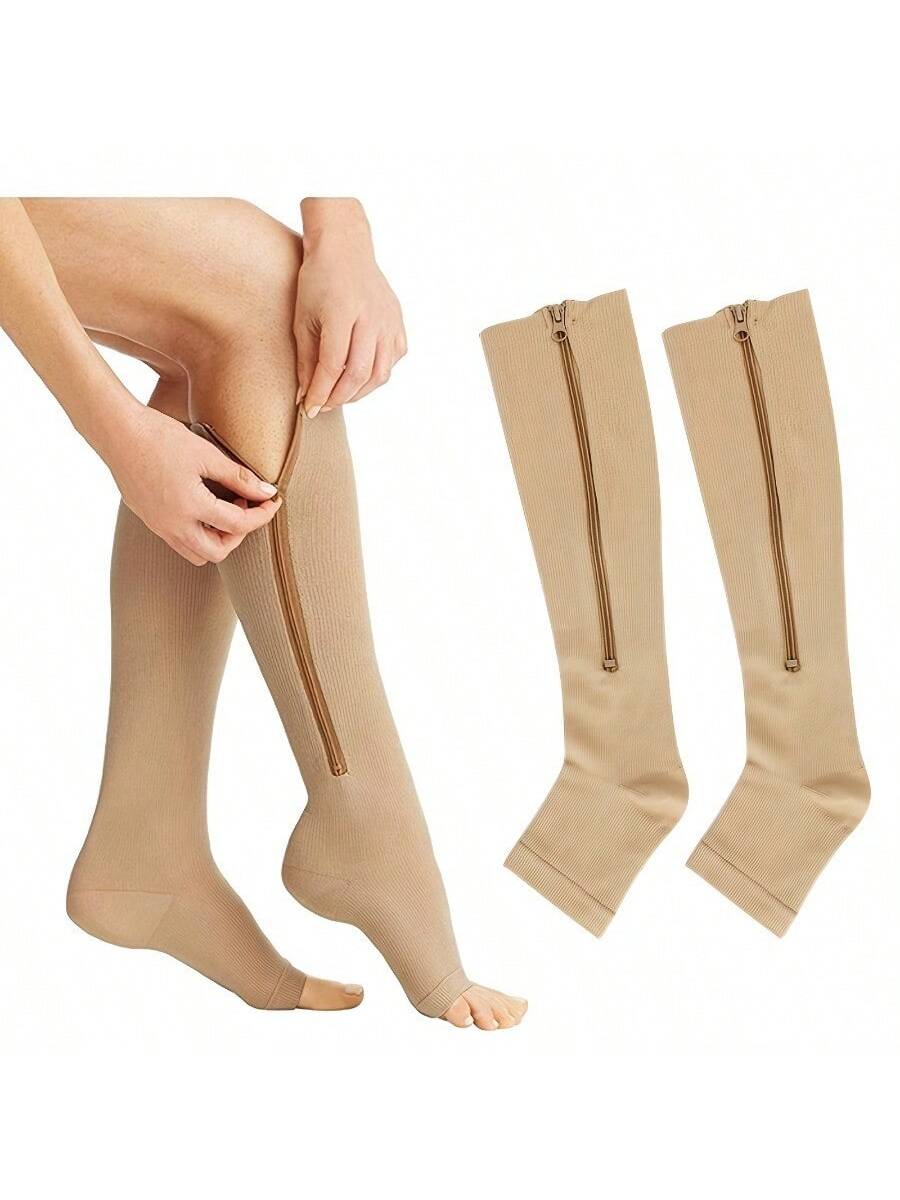 2pcs Breathable Compression Leg Support Socks With Zipper - Unisex Comfortable Leg Wraps