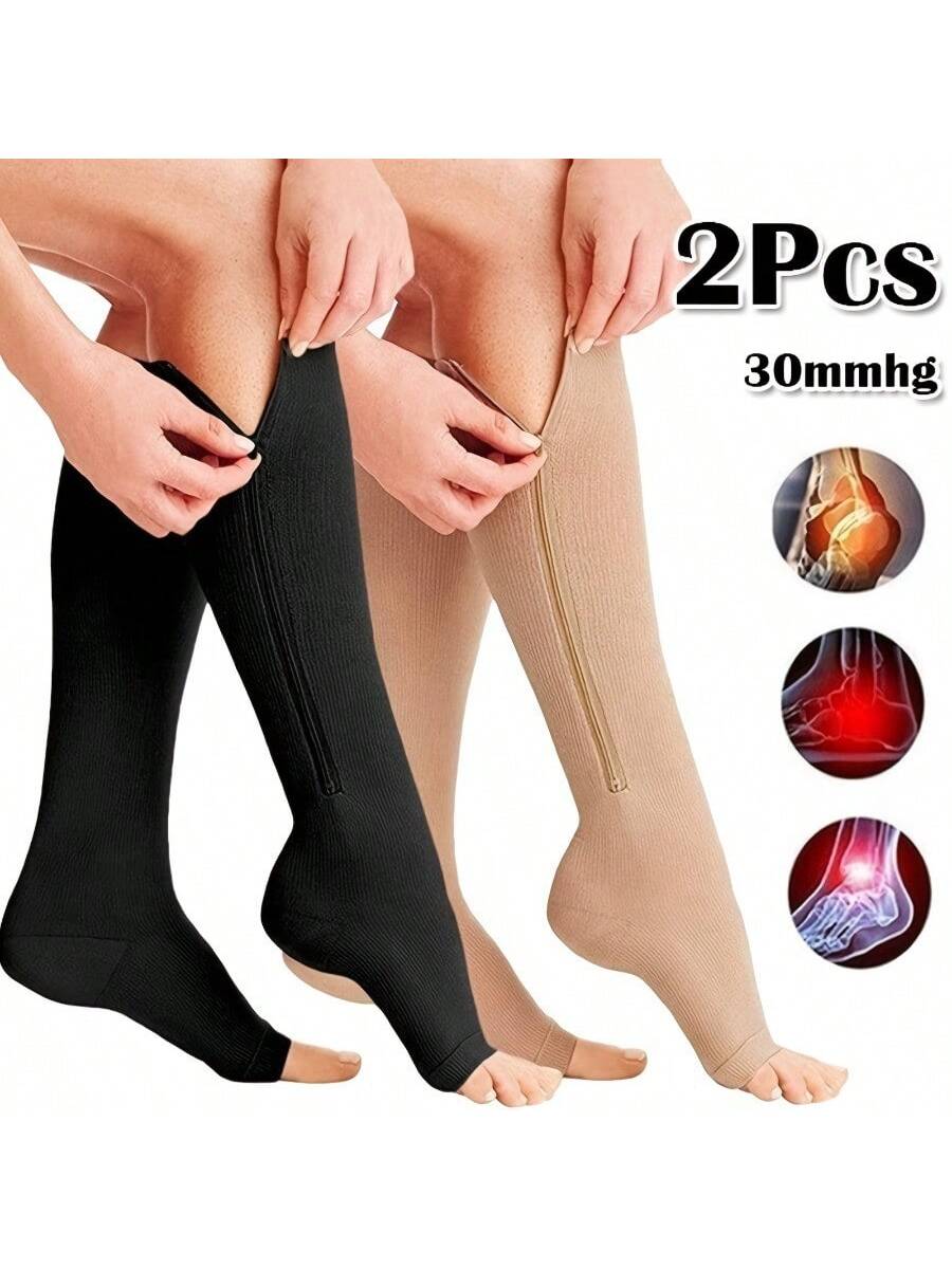 2pcs Breathable Compression Leg Support Socks With Zipper - Unisex Comfortable Leg Wraps