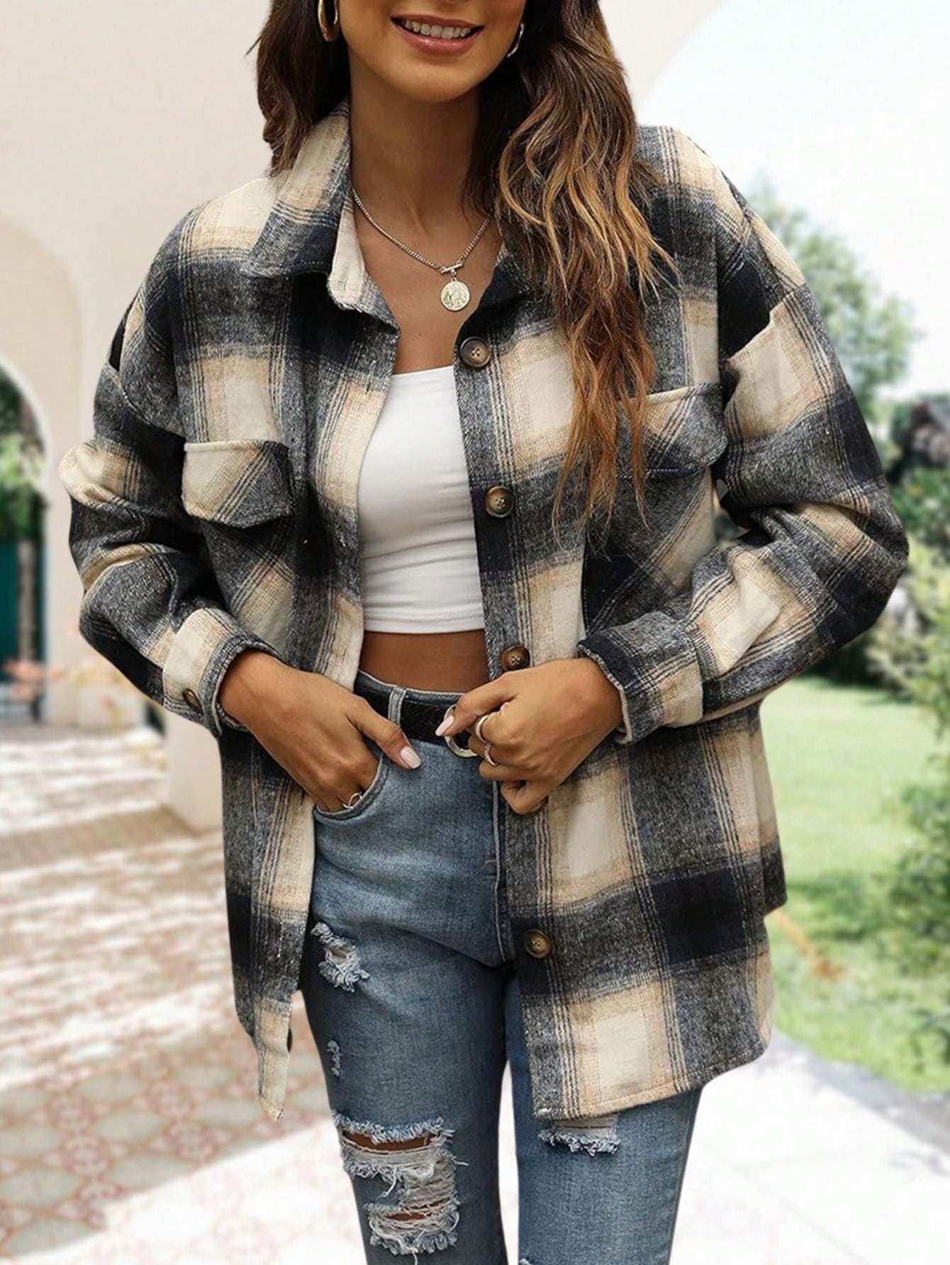 Women's Casual Loose Plaid Shacket Fall Jacket Flannel Wool Blend Oversized Button Down Shirt