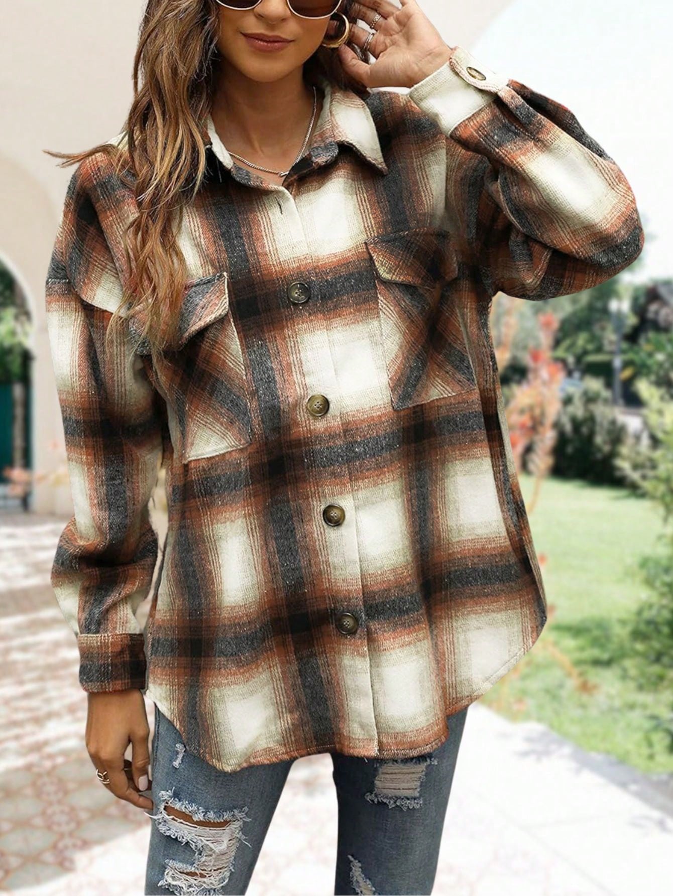 Women's Casual Loose Plaid Shacket Fall Jacket Flannel Wool Blend Oversized Button Down Shirt