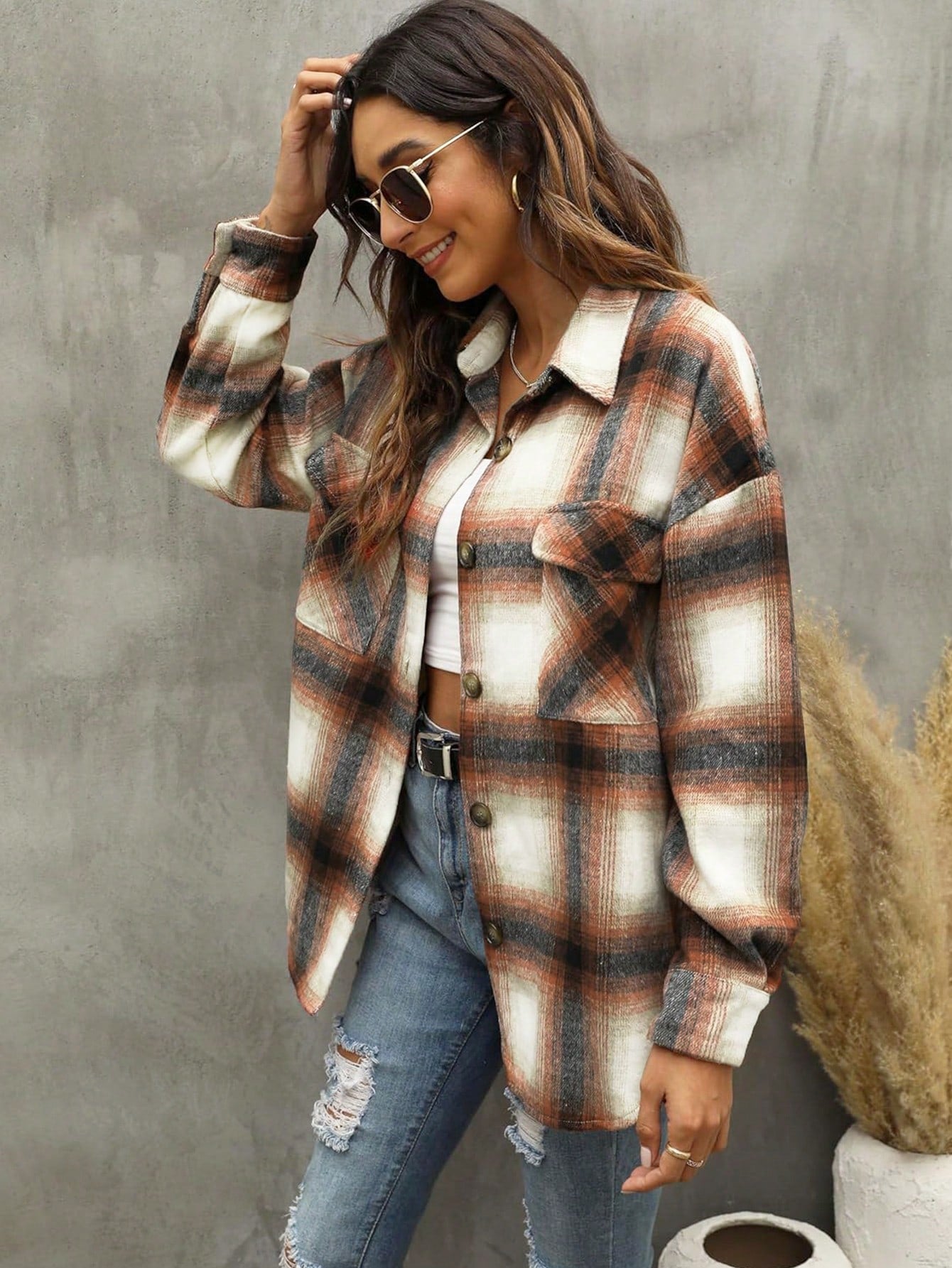 Women's Casual Loose Plaid Shacket Fall Jacket Flannel Wool Blend Oversized Button Down Shirt
