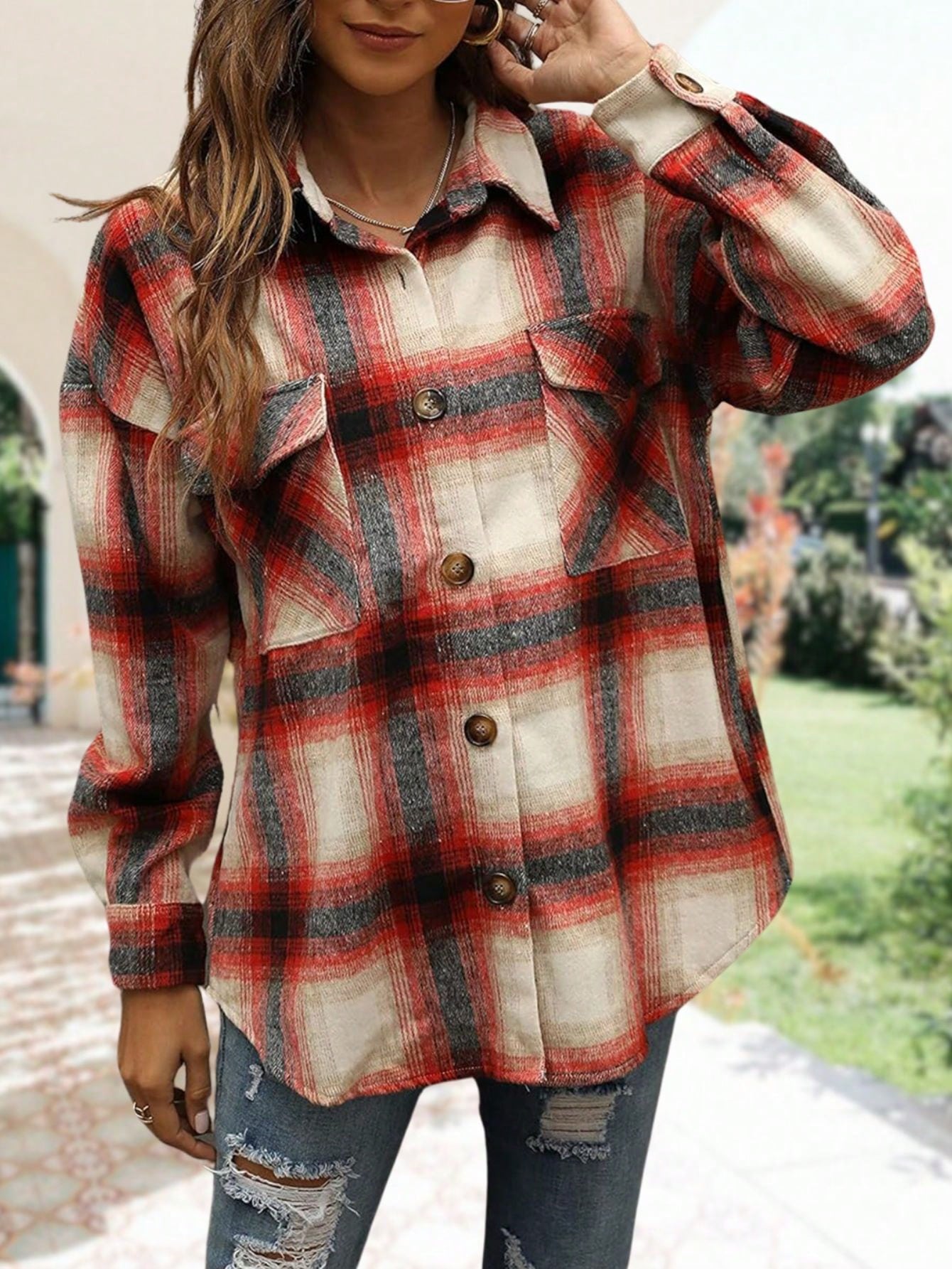 Women's Casual Loose Plaid Shacket Fall Jacket Flannel Wool Blend Oversized Button Down Shirt