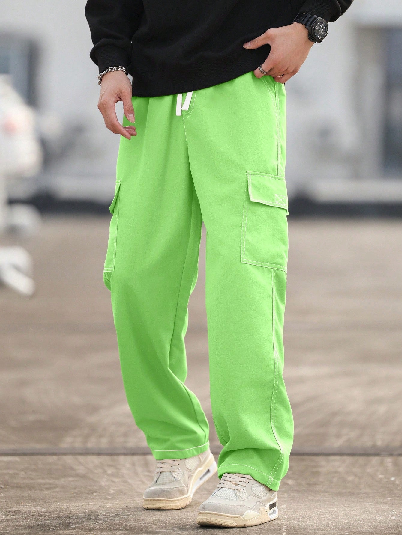 Manfinity Homme Men's Fluorescent Green Cargo Pocket Drawstring Waist Casual Pants