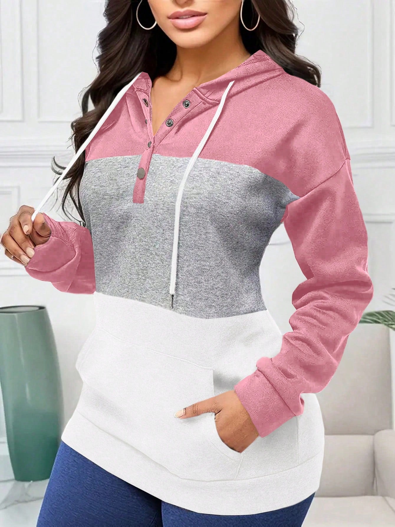 INAWLY Women's Colorblock Drawstring Hoodie,Long Sleeve Tops