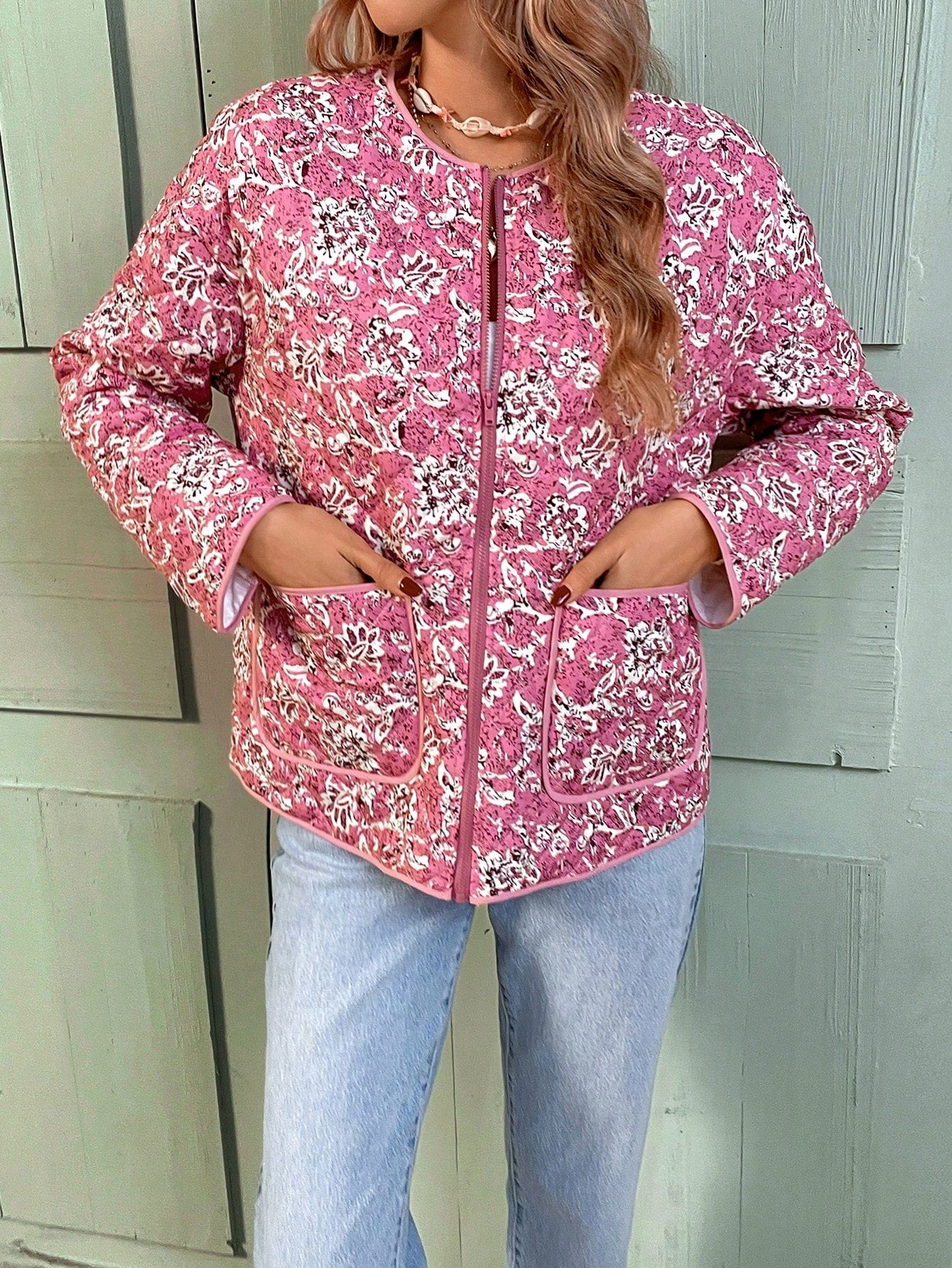 VCAY Women Floral Print Long Sleeve Casual Quilted Padded Coat For Winter