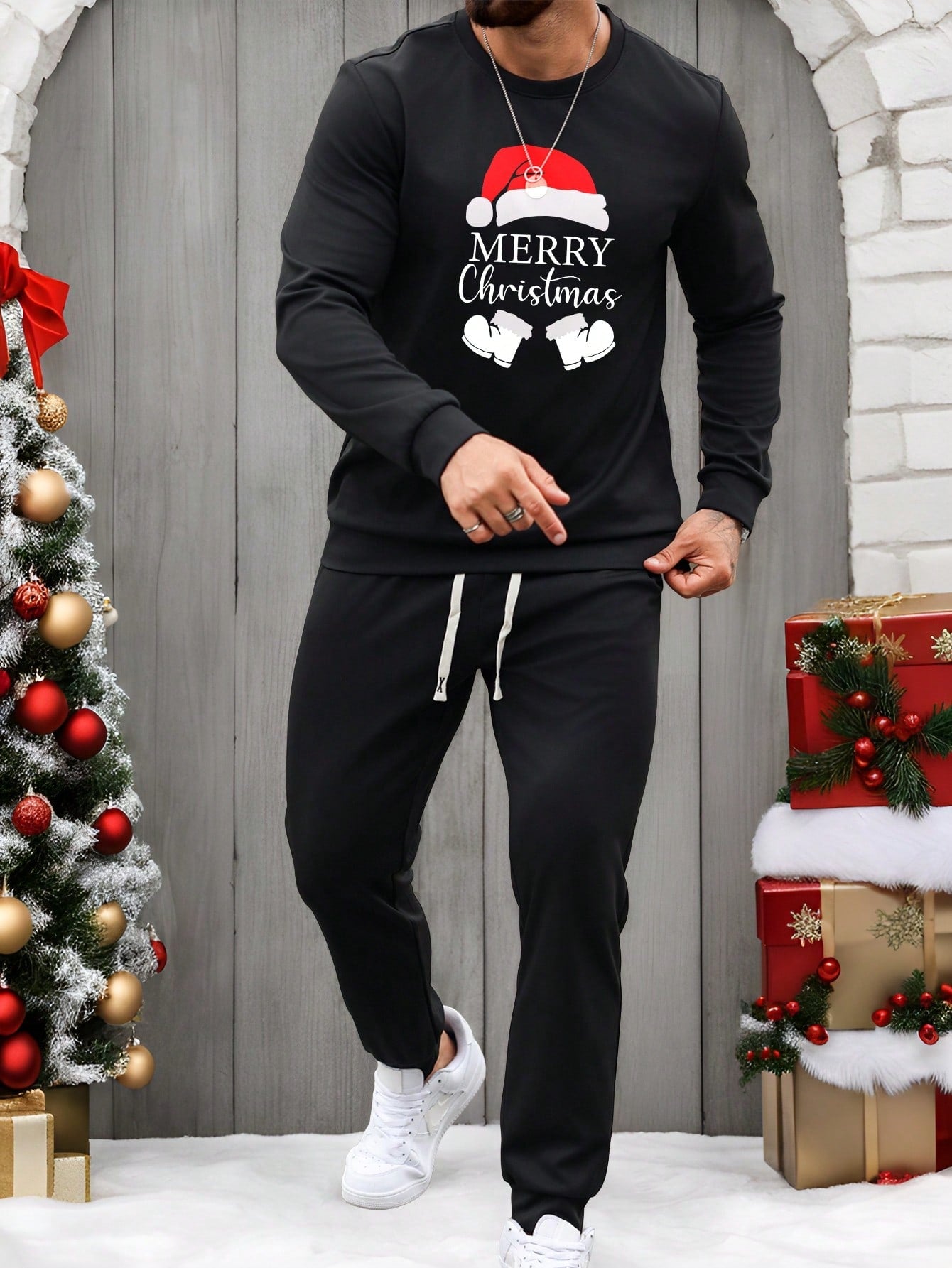 Manfinity Homme Men's Christmas Slogan Printed Crew Neck Long Sleeve Sweatshirt And Sweatpants Casual Suit, Autumn/Winter