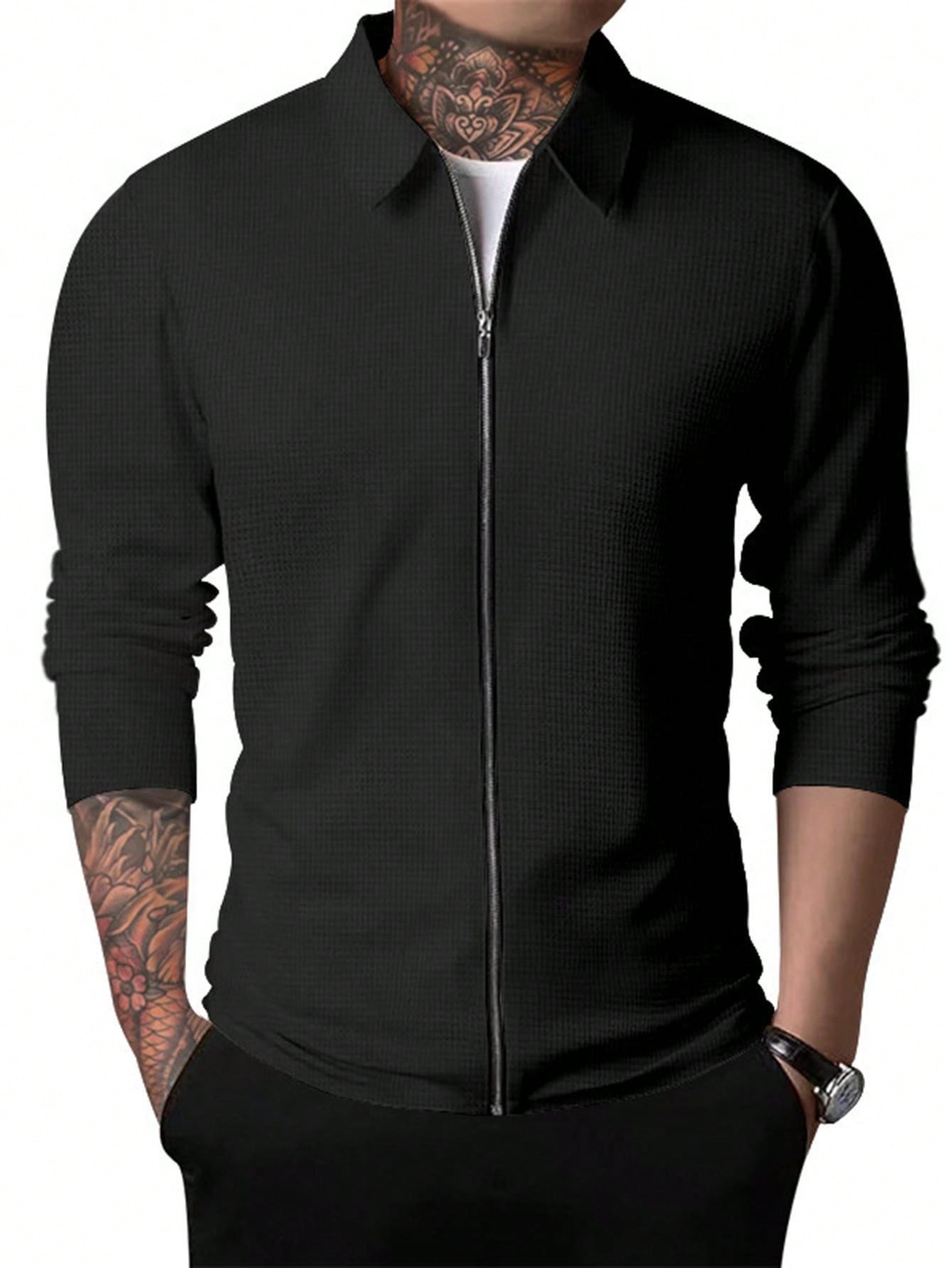 SANOPY Men's Waffle Zipper Lapel Jacket Solid Color Slim Fit Outdoor Men's Top