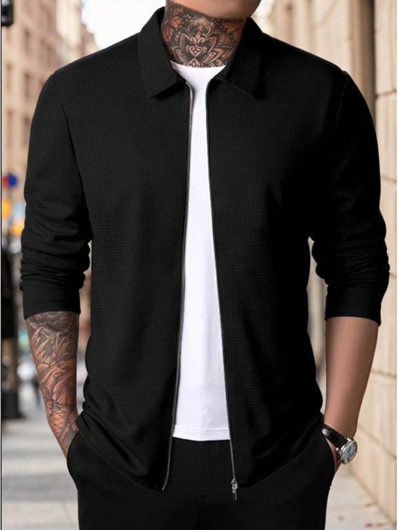SANOPY Men's Waffle Zipper Lapel Jacket Solid Color Slim Fit Outdoor Men's Top