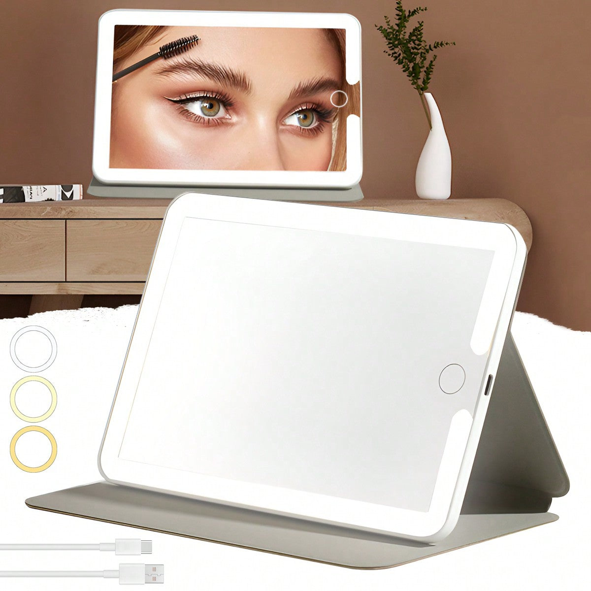 1pc Portable USB Rechargeable Square Makeup Mirror Light,LED Vanity Light,Adjustable Brightness Cosmetic Mirror Light,Touch Control Luminous Mirror,Indoor Desktop Makeup Mirror