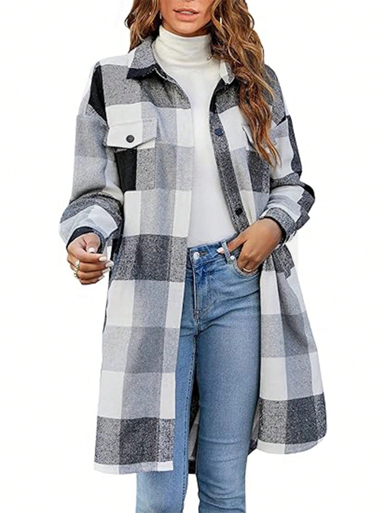 Women's Casual Oversized Long Plaid Flannel Shacket Jacket Long Shirt Jacket Coat