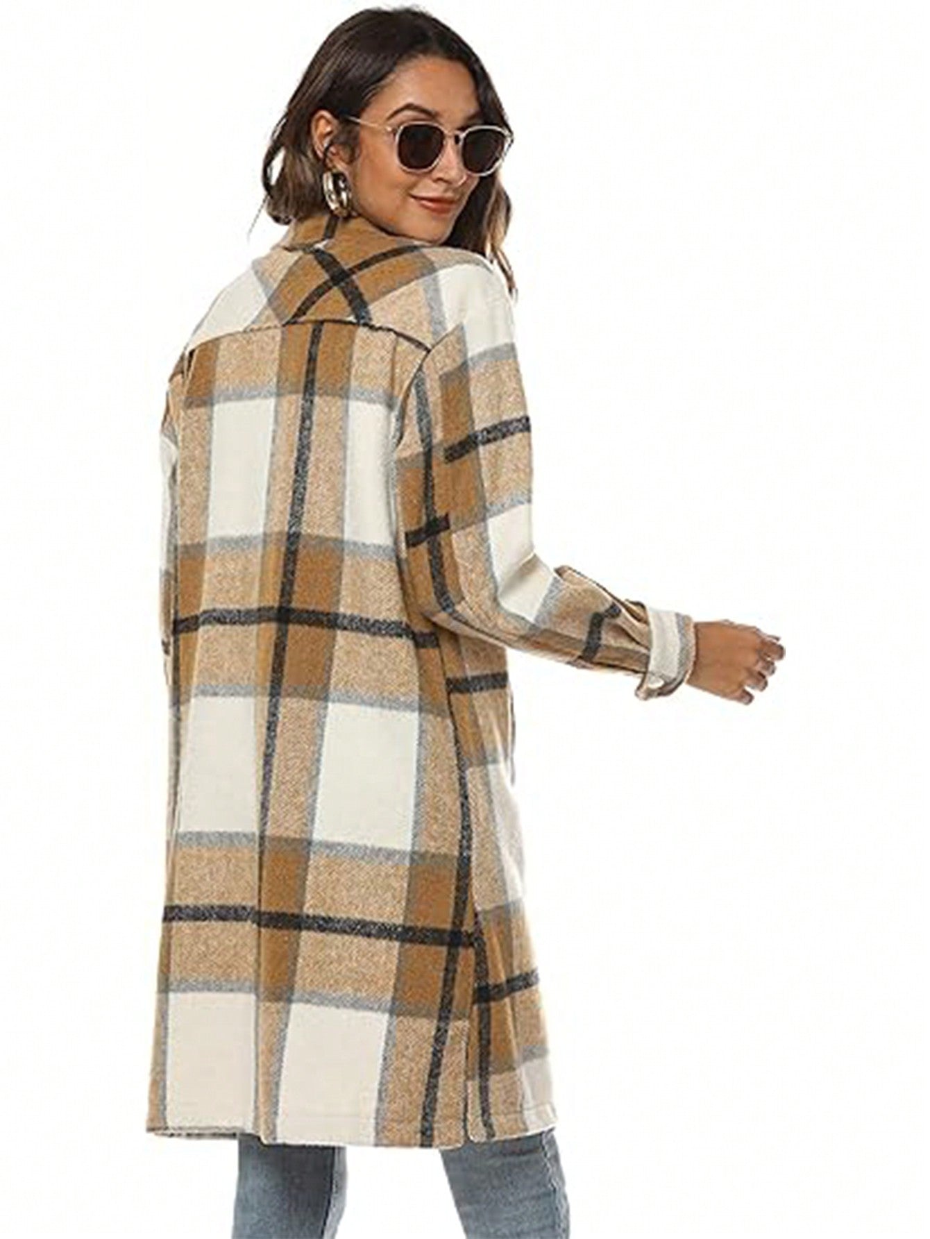 Women's Casual Oversized Long Plaid Flannel Shacket Jacket Long Shirt Jacket Coat