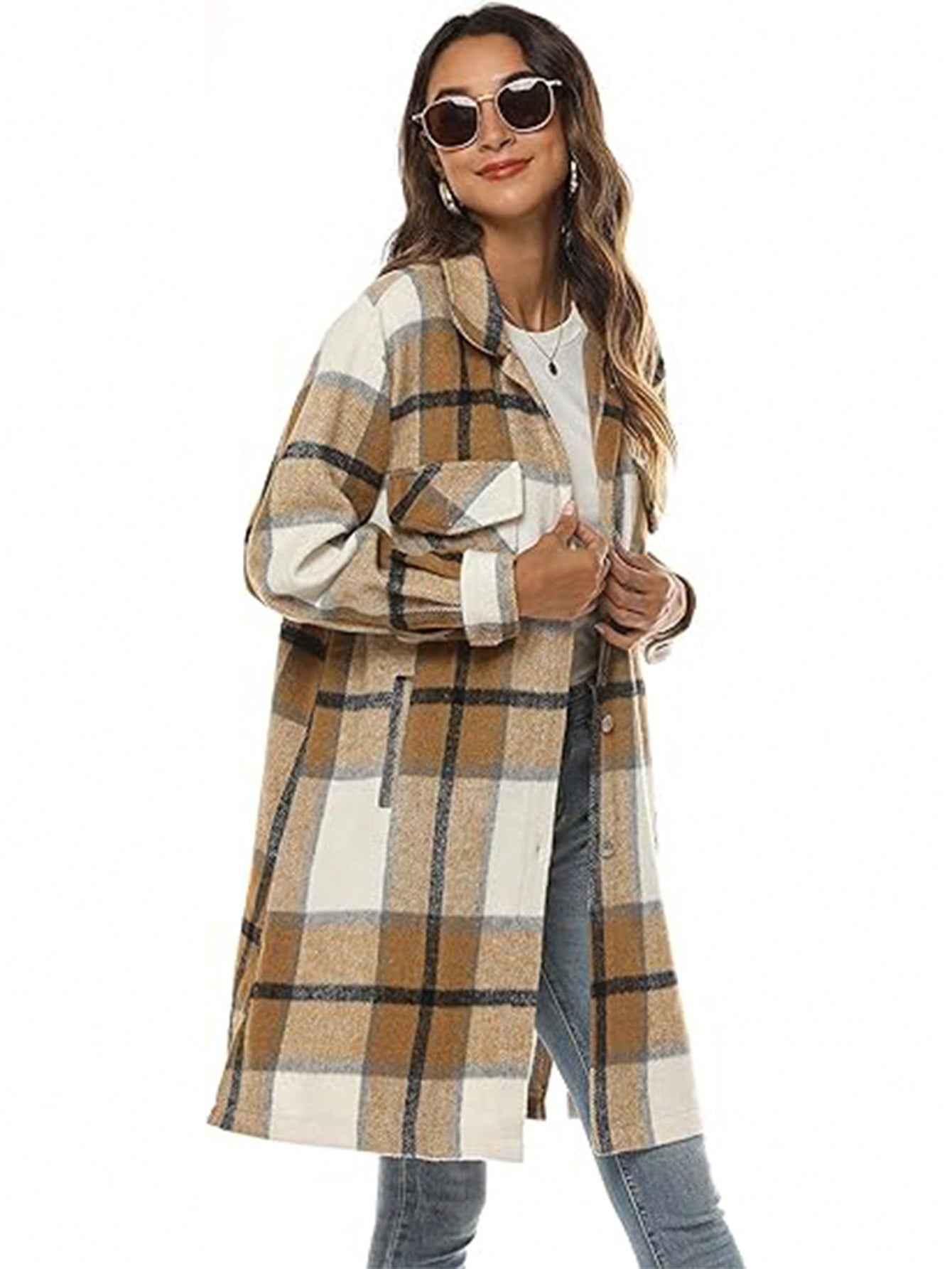 Women's Casual Oversized Long Plaid Flannel Shacket Jacket Long Shirt Jacket Coat