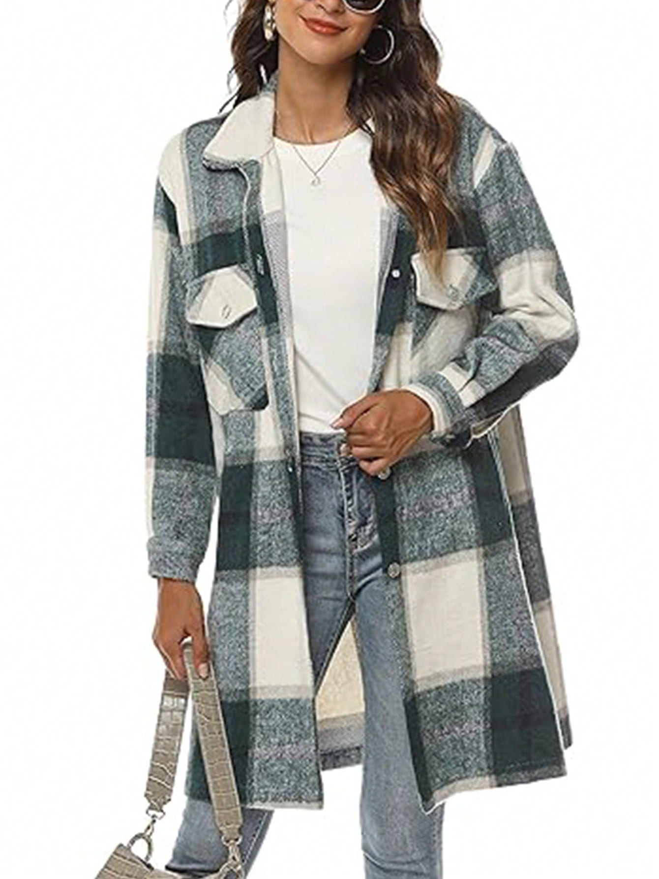 Women's Casual Oversized Long Plaid Flannel Shacket Jacket Long Shirt Jacket Coat