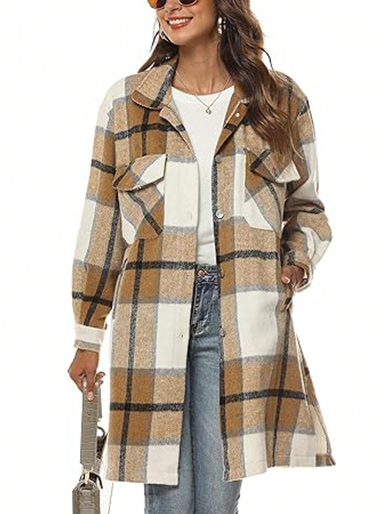 Women's Casual Oversized Long Plaid Flannel Shacket Jacket Long Shirt Jacket Coat