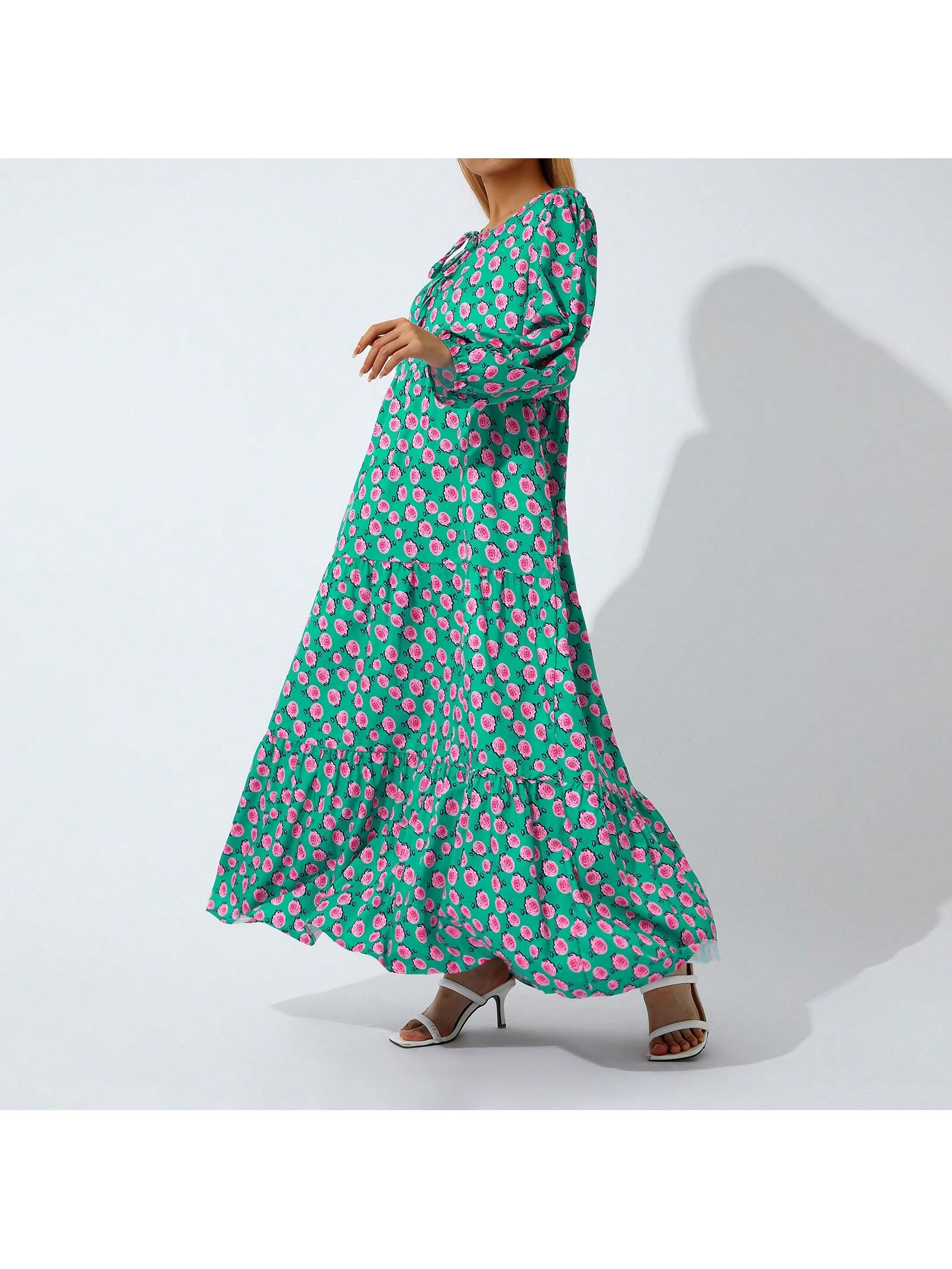 Women's Summer Casual Maxi Dress Bohemian Floral V Neck Puff Short Sleeve Beach Tiered Sundress Long Swing Dress