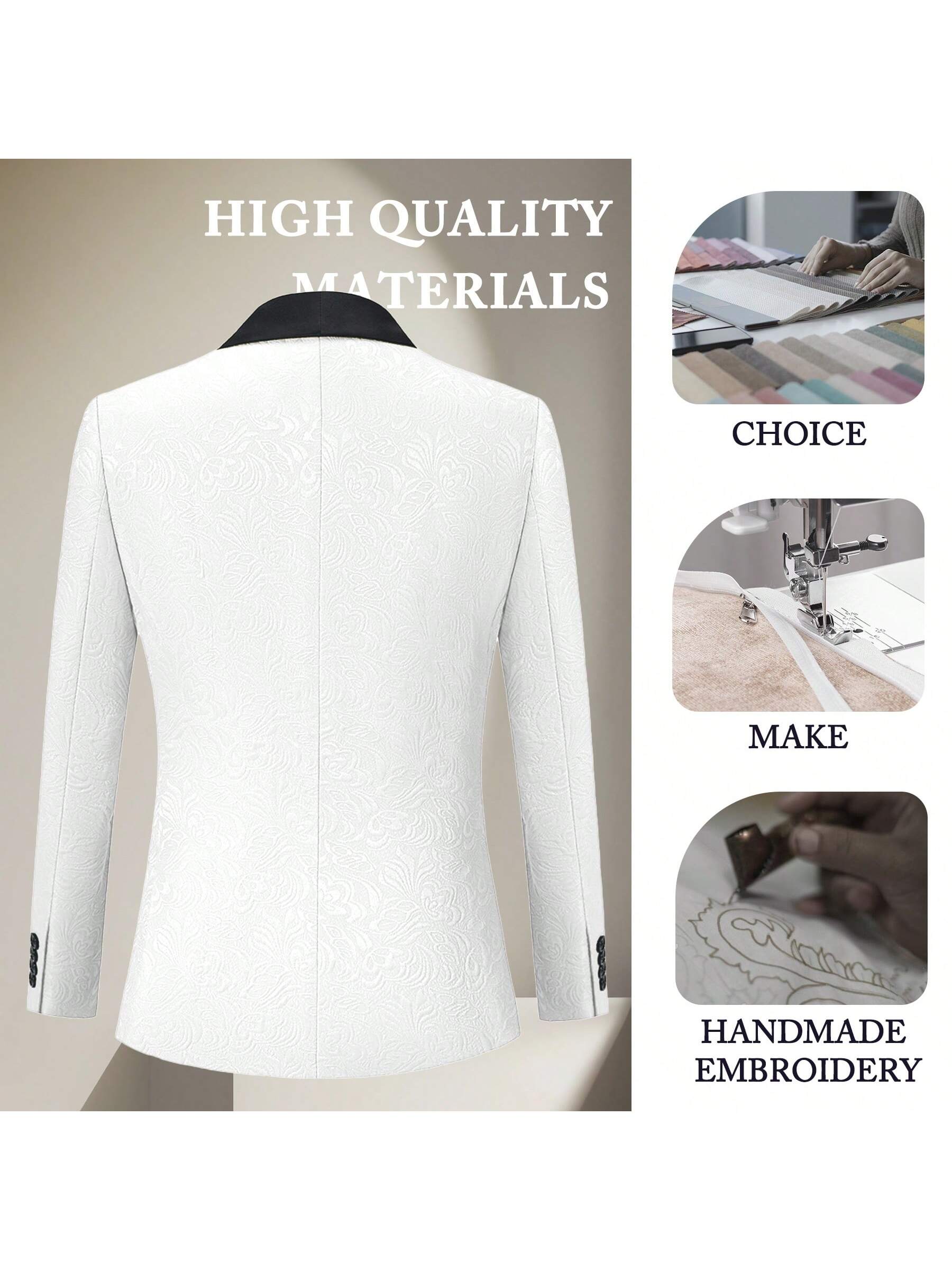 Jacquard Pattern Mens 2 Piece Suit Slim Fit Double Breasted Solid Color Tuxedo Blazer Pants For Prom Wedding Party Suit   Pants - White