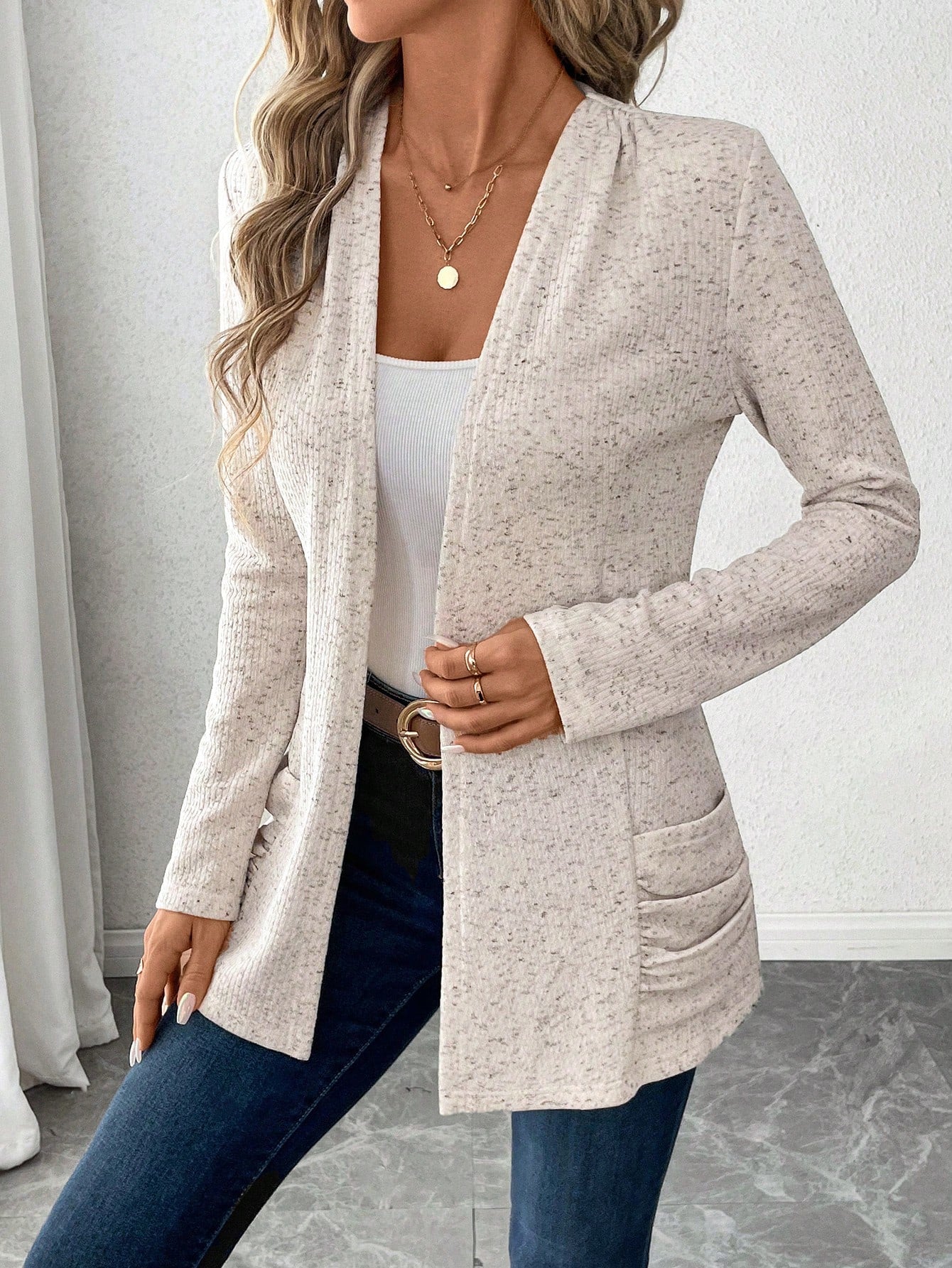 LUNE 1pc Solid Open Front Coat