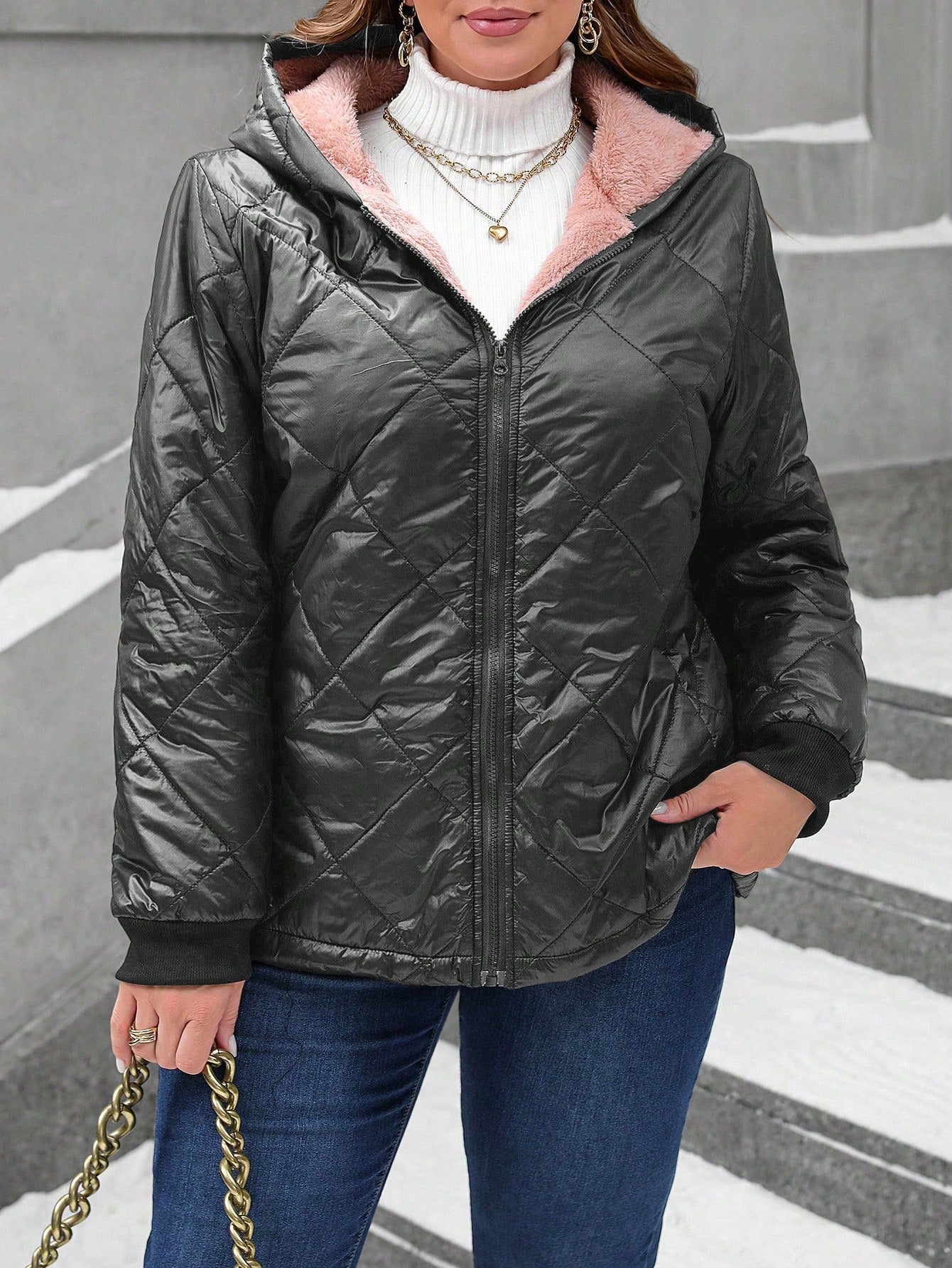 SHEIN LUNE Plus Size Front Zipper Long Sleeve Casual Hoodie Puffer Jacket Coat For Winter Clothes