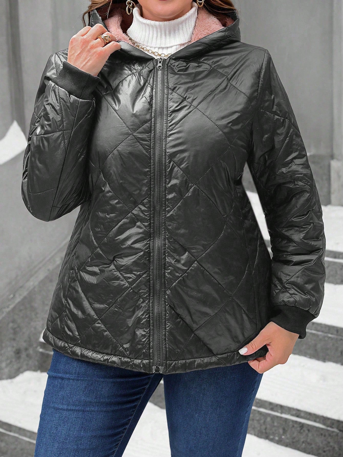 LUNE Plus Size Front Zipper Long Sleeve Casual Hooded Padded Padded Coat Clothes Winter