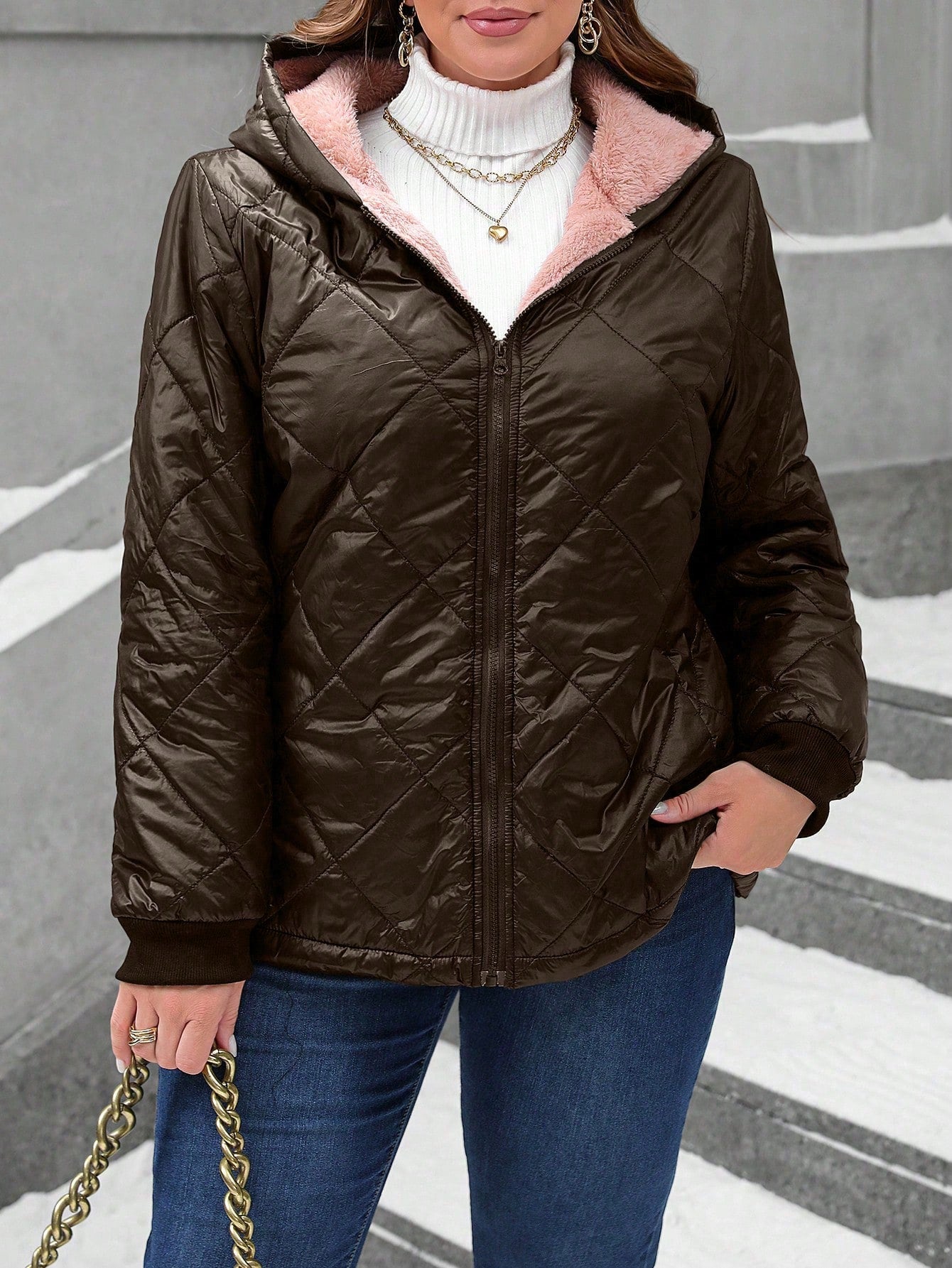 SHEIN LUNE Plus Size Front Zipper Long Sleeve Casual Hoodie Puffer Jacket Coat For Winter Clothes