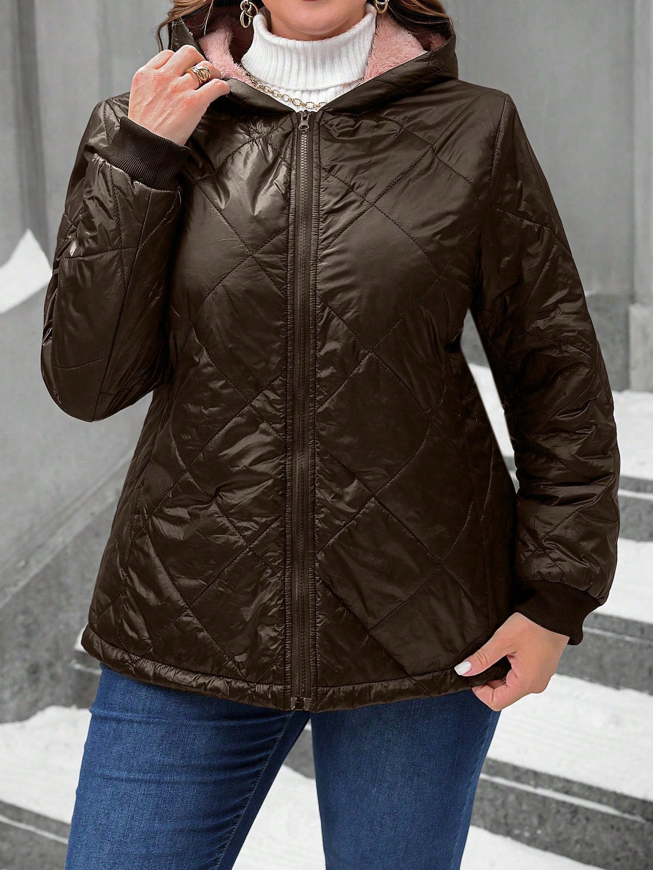 SHEIN LUNE Plus Size Front Zipper Long Sleeve Casual Hoodie Puffer Jacket Coat For Winter Clothes