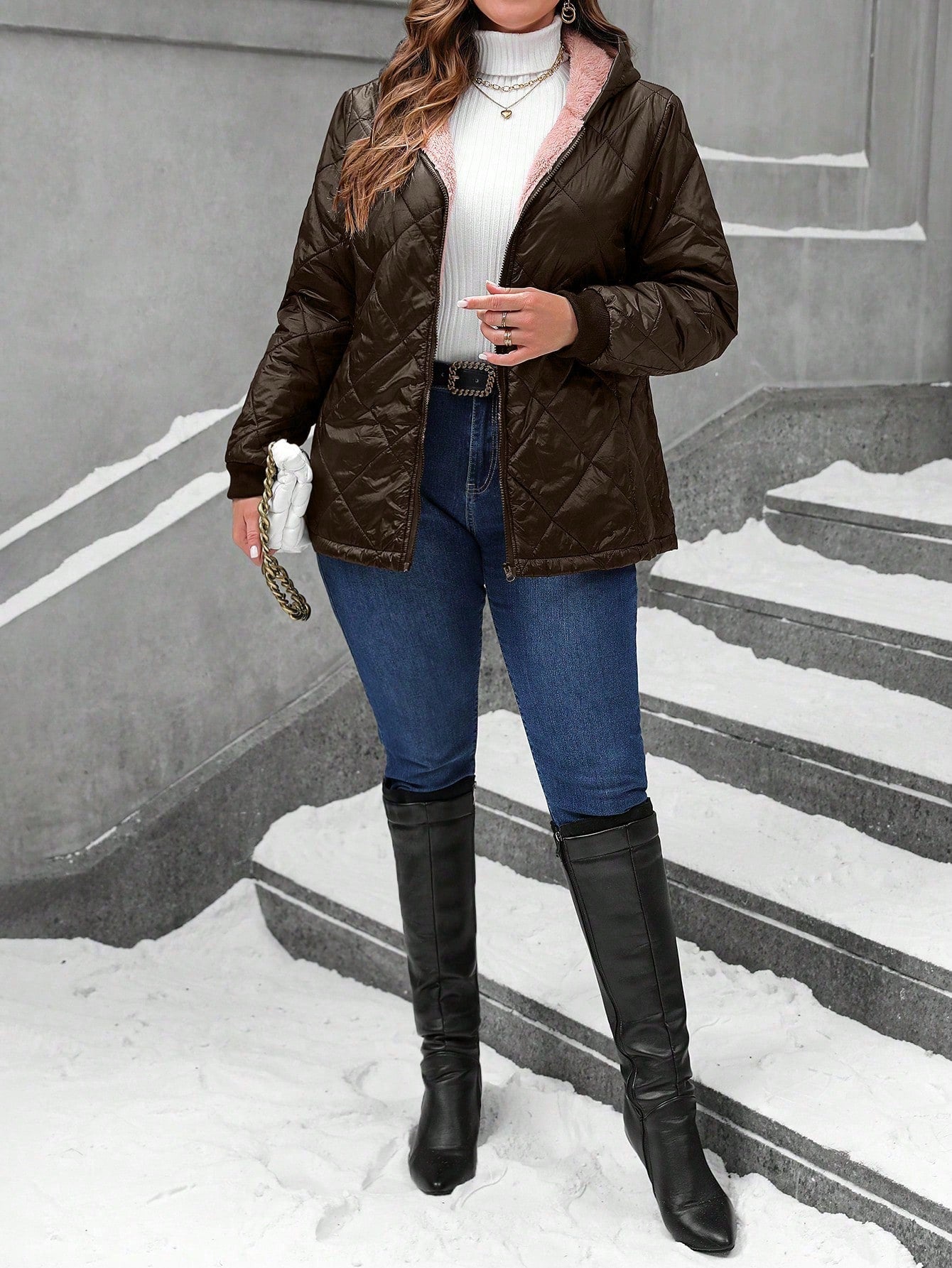 SHEIN LUNE Plus Size Front Zipper Long Sleeve Casual Hoodie Puffer Jacket Coat For Winter Clothes