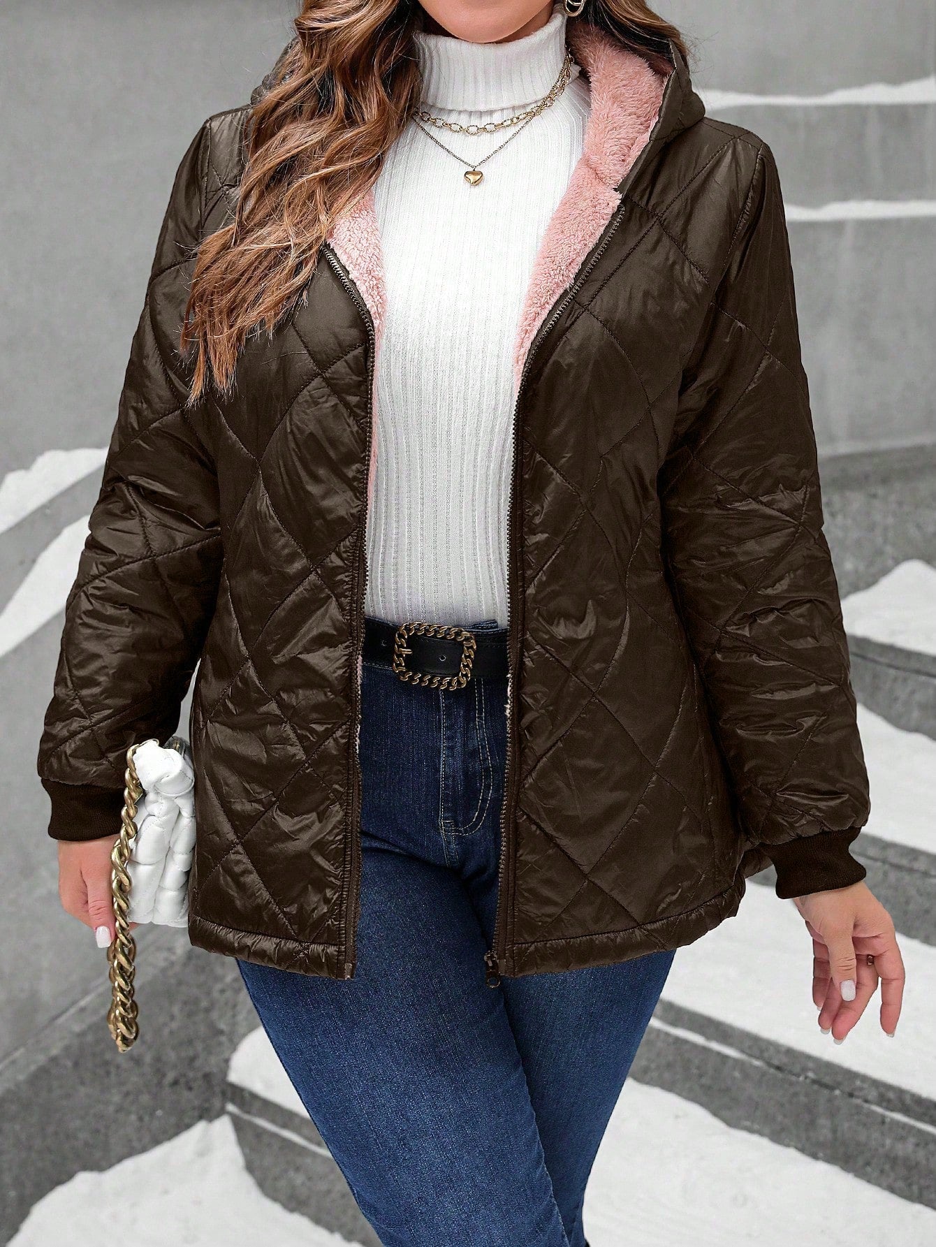 SHEIN LUNE Plus Size Front Zipper Long Sleeve Casual Hoodie Puffer Jacket Coat For Winter Clothes