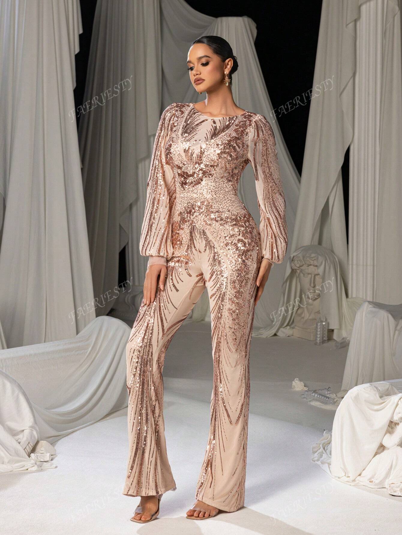 Faeriesty Graphic Sequin Lantern Sleeves Party Elegant Long Sleeve Jumpsuit