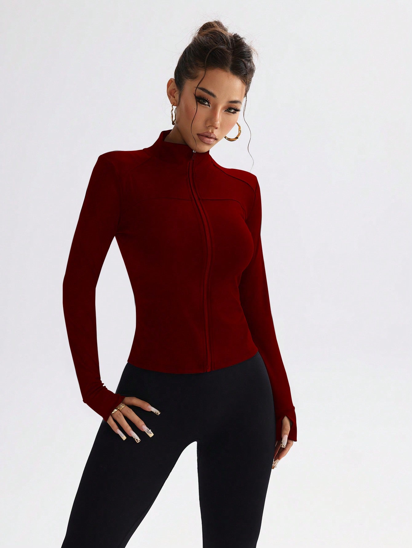 Slim Fit Yoga Activewear Jacket With Zipper, Stretchy Compression Workout Casual Gym Running Long Sleeve Top