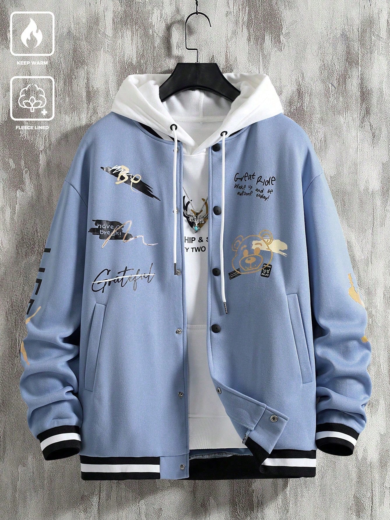 Manfinity EMRG Men's Loose Slogans Cartoon Bear Print Long Sleeve Casual Baseball Jacket, Autumn