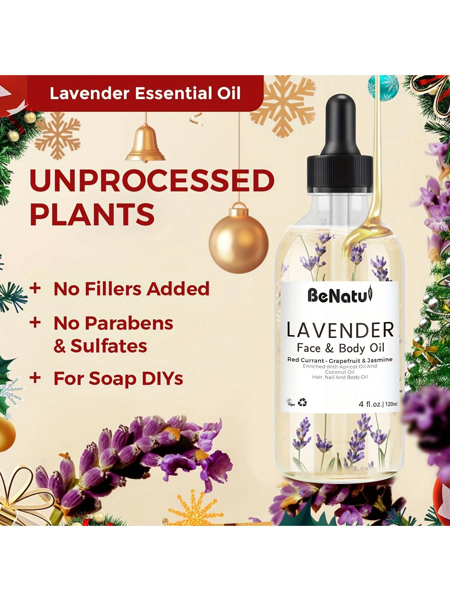 Benatu 4.06oz Lavender Face And Body Oil For Massage/Gua Sha/Skin Care, For All Skin, With Real Plant Petals - Ideal Choice - Unisex - Christmas Gift - Holiday Essentials- Cozy Winter Gifts