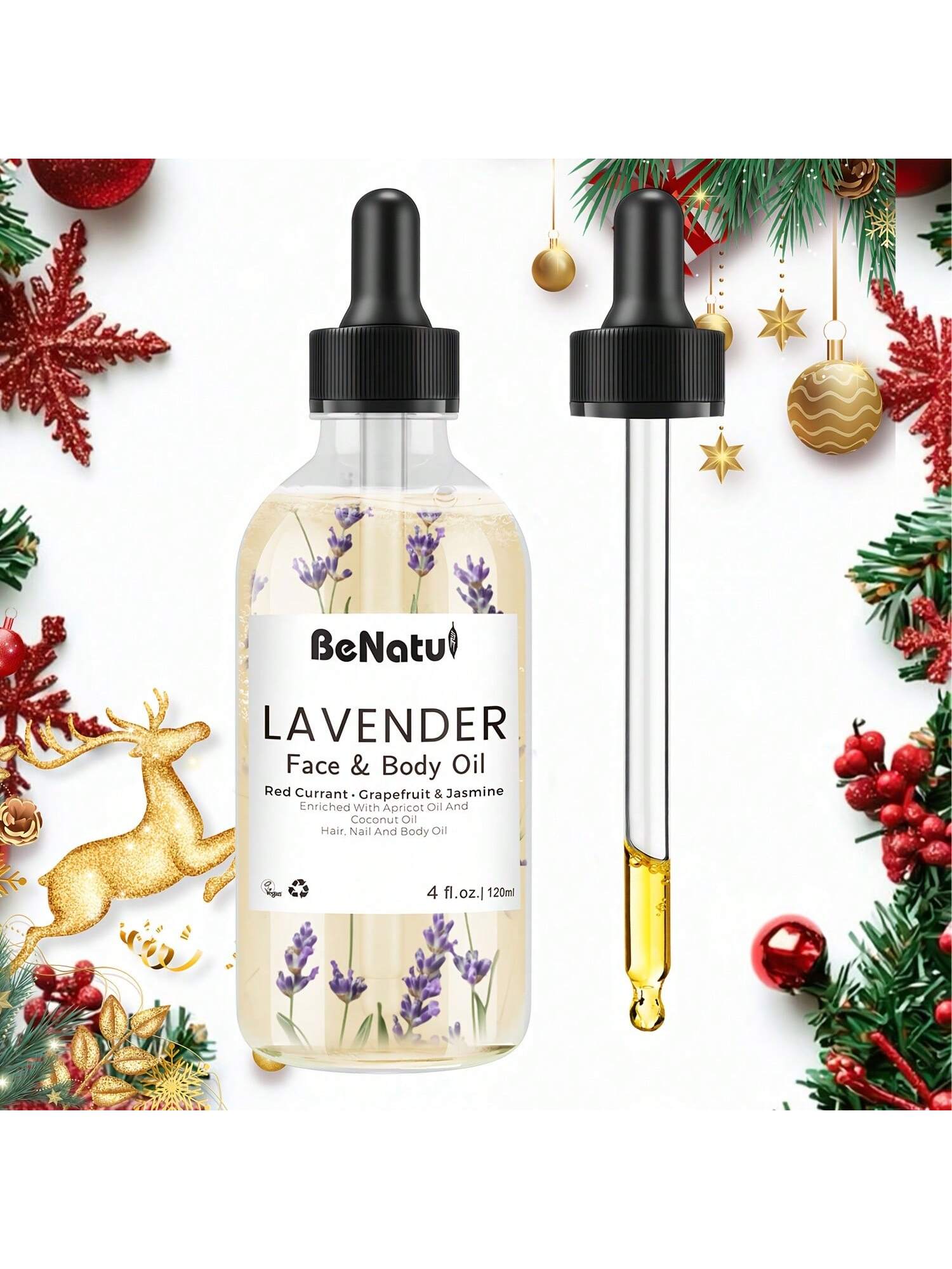 Benatu 4.06oz Lavender Face And Body Oil For Massage/Gua Sha/Skin Care, For All Skin, With Real Plant Petals - Ideal Choice - Unisex - Christmas Gift - Holiday Essentials- Cozy Winter Gifts