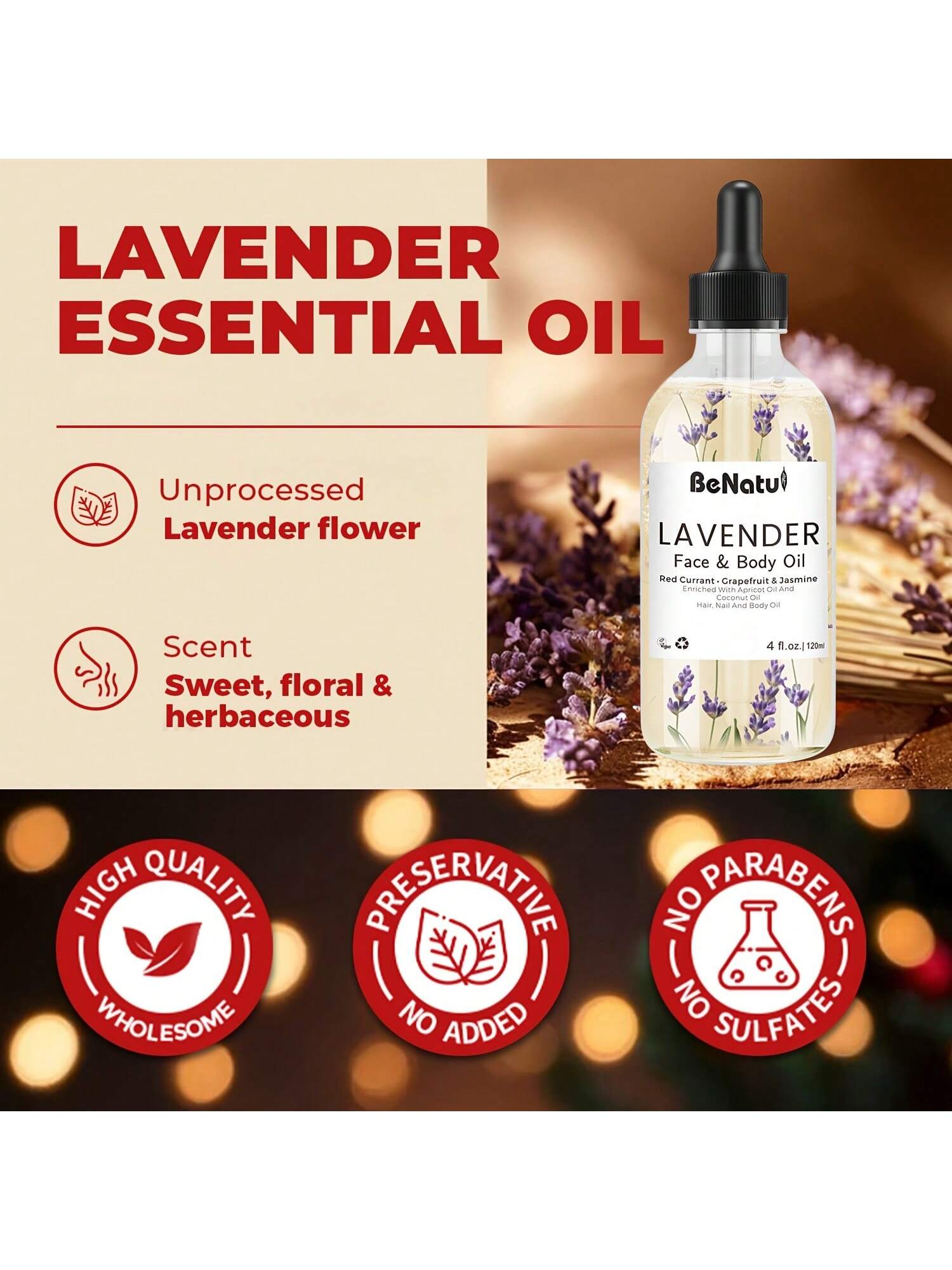 Benatu 4.06oz Lavender Face And Body Oil For Massage/Gua Sha/Skin Care, For All Skin, With Real Plant Petals - Ideal Choice - Unisex - Christmas Gift - Holiday Essentials- Cozy Winter Gifts