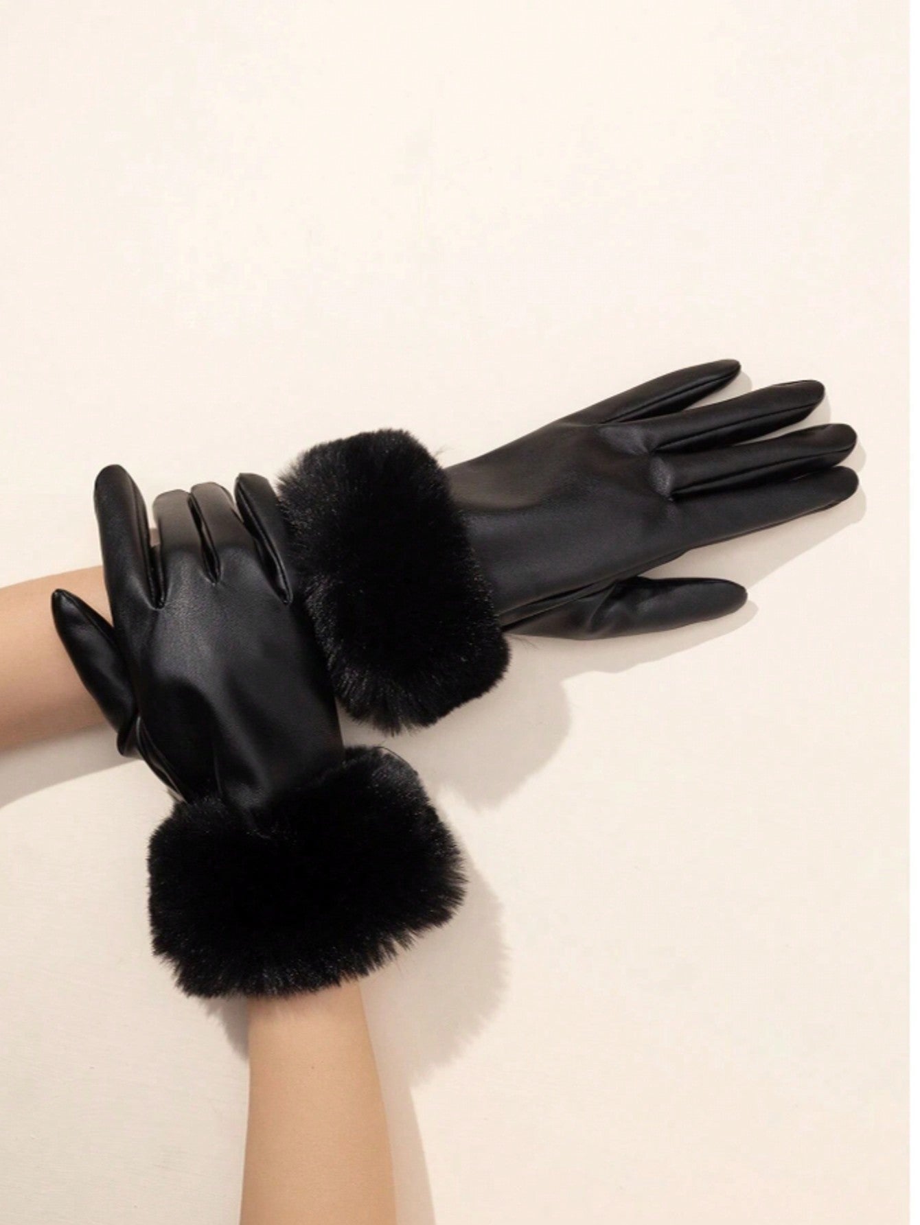 1 Pair Women's Leather Gloves With Faux Fur Cuffs, Warm Wind-Proof Touch Screen PU Leather Gloves