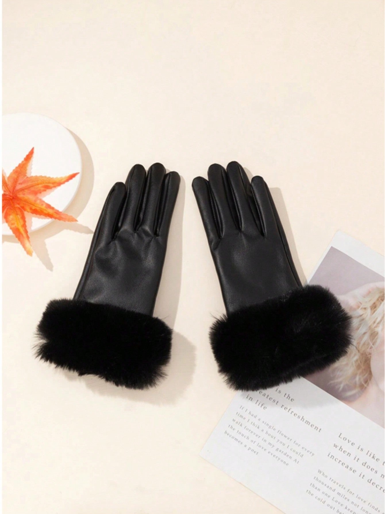 1 Pair Women's Leather Gloves With Faux Fur Cuffs, Warm Wind-Proof Touch Screen PU Leather Gloves