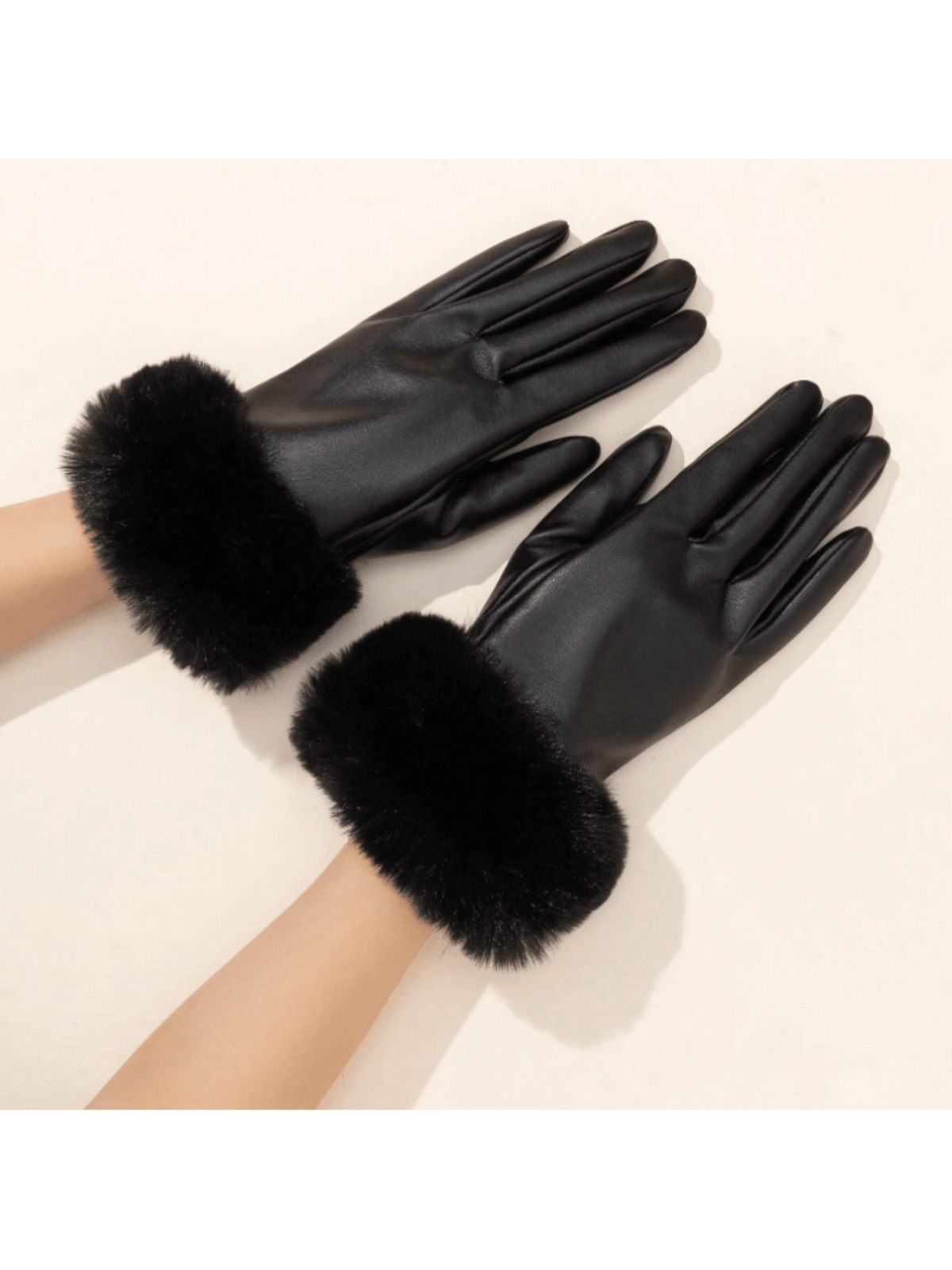 1 Pair Women's Leather Gloves With Faux Fur Cuffs, Warm Wind-Proof Touch Screen PU Leather Gloves