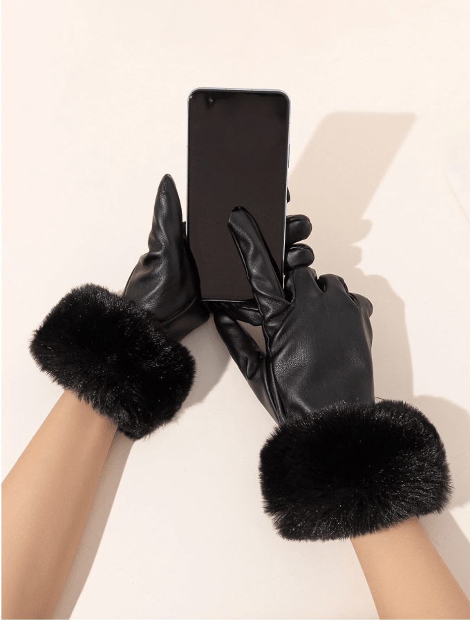 1 Pair Women's Leather Gloves With Faux Fur Cuffs, Warm Wind-Proof Touch Screen PU Leather Gloves