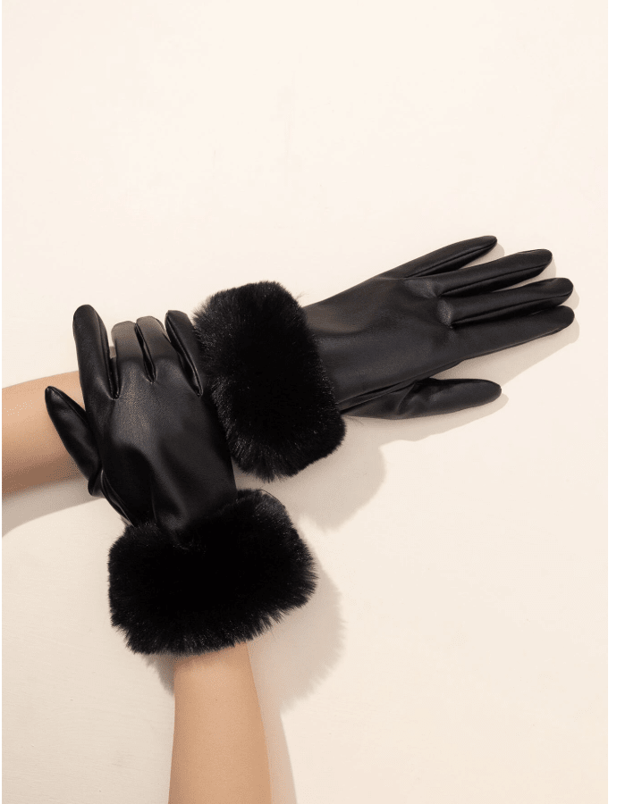 1 Pair Women's Leather Gloves With Faux Fur Cuffs, Warm Wind-Proof Touch Screen PU Leather Gloves